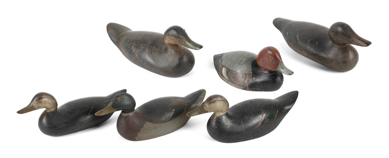 COLLECTION OF SIX FACTORY DECOYS Late 19th/Early 20th Century Lengths from 14" to 18".: COLLECTION OF SIX FACTORY DECOYS Late 19th/Early 20th Century Includes a Stevens redhead drake, a Mason premier grade mallard drake, a Mason premier grade black duck, two Mason challenge grade black d