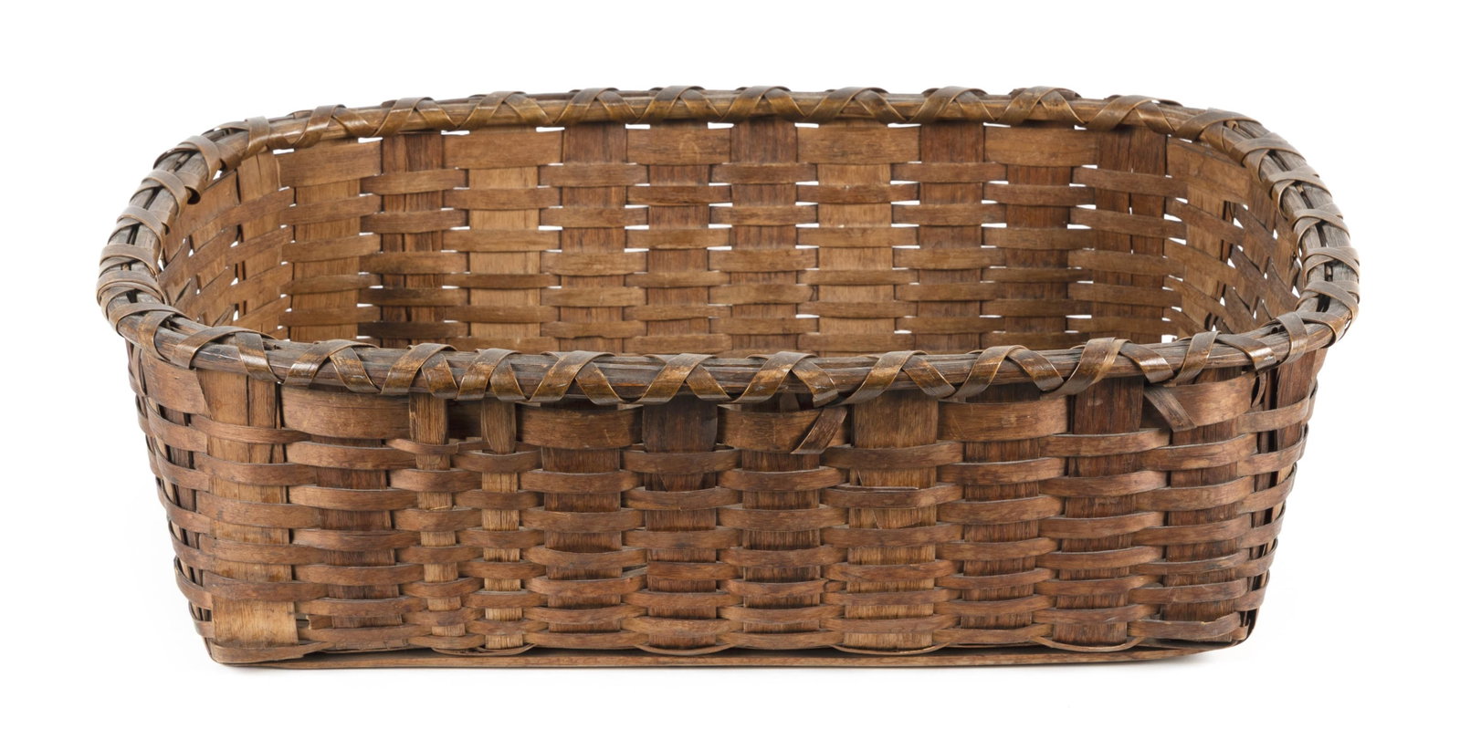 WOVEN SPLINT TRAY BASKET Circa 1850 Height 6.75". Length 23". Width 16.5". (1 of 3)