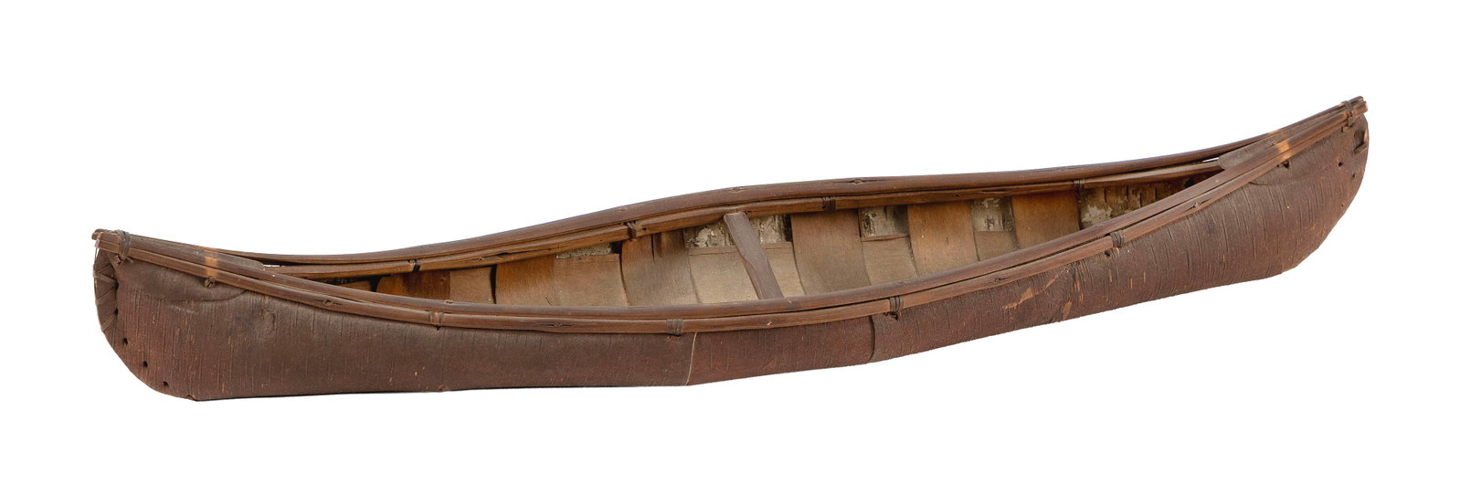MINIATURE BIRCH BARK CANOE, PROBABLY PENOBSCOT Late 19th/Early 20th Century Length 18". (1 of 3)