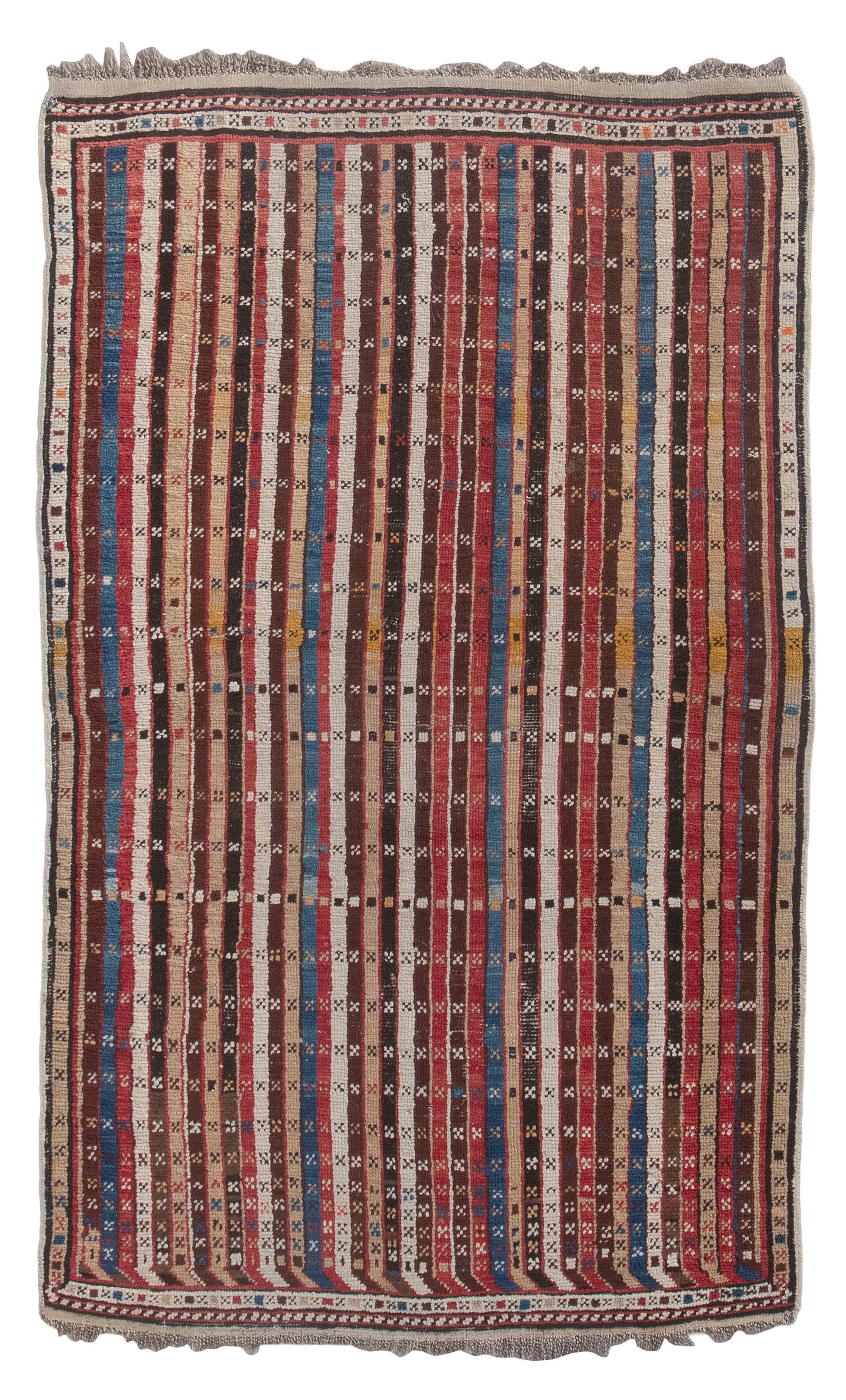 GENJE RUG: 3'0" X 4'10" Late 19th Century: GENJE RUG: 3'0" X 4'10" Late 19th Century Field composed of multiple narrow chocolate brown, cinnamon red, blue, khaki and ivory stripes. Single narrow abrashed ivory and khaki border. Provenance: The