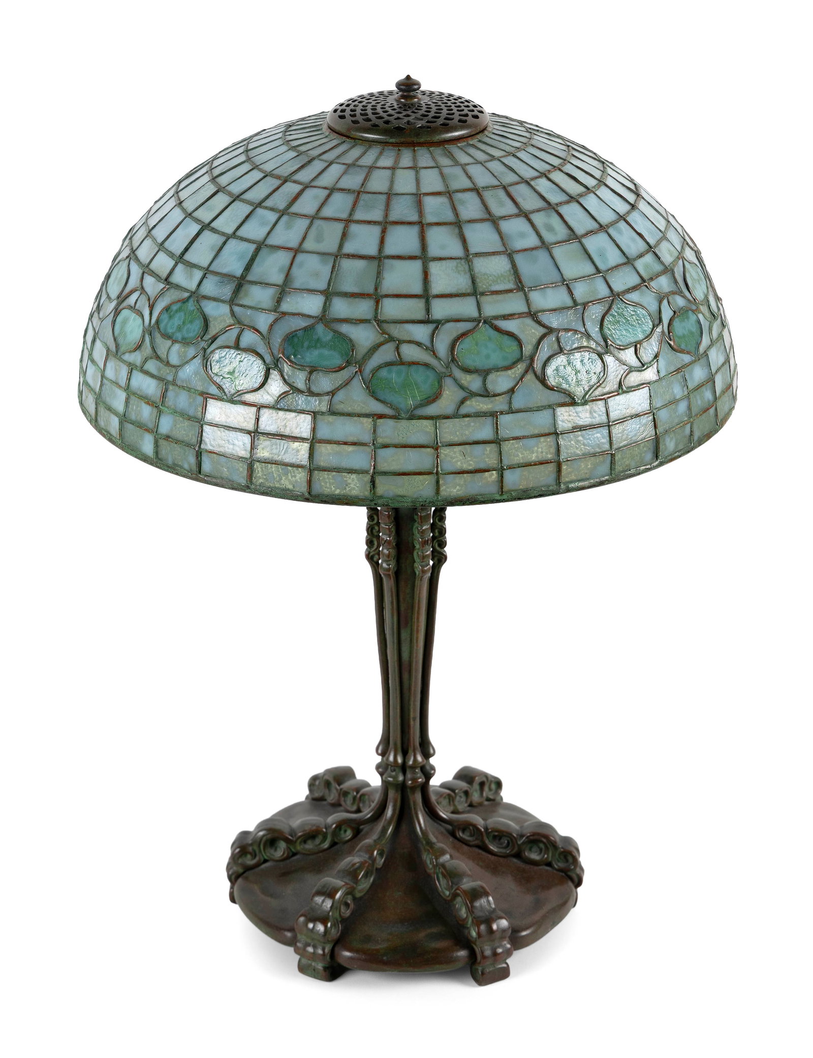 TIFFANY STUDIOS "ACORN" LEADED GLASS AND PATINATED BRONZE TABLE LAMP New York, Circa 1900 Height (1 of 6)