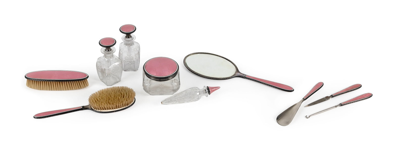 SILVER AND PINK GUILLOCHE ENAMEL TEN-PIECE VANITY SET Late 19th/Early 20th Century Lengths to (1 of 1)