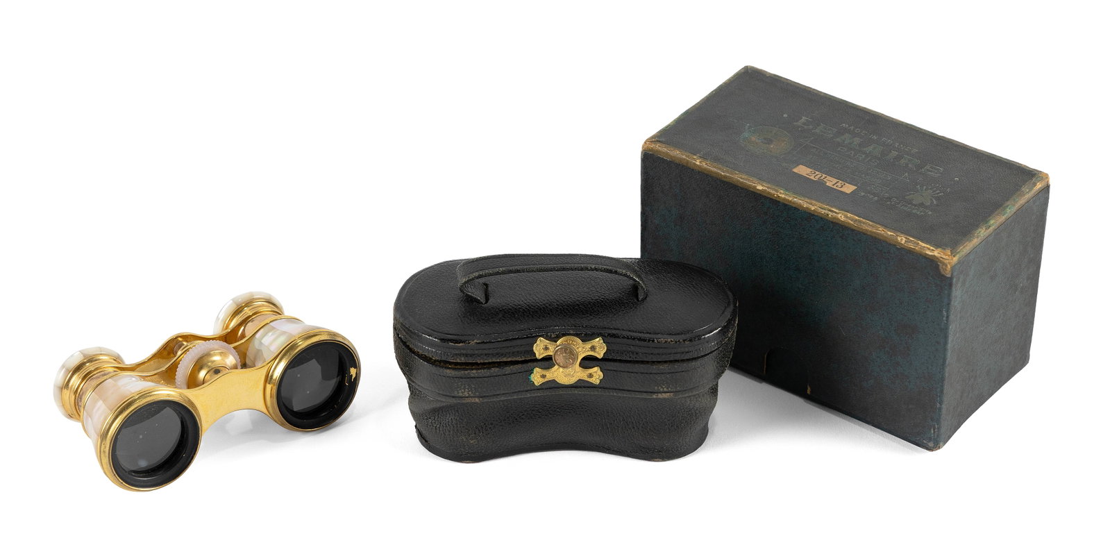 CASED SET OF LEMAIRE OPERA GLASSES Paris, Late 19th/Early 20th Century Box height 3.25". Length: CASED SET OF LEMAIRE OPERA GLASSES Paris, Late 19th/Early 20th Century Polished brass binocular-style glasses with mother-of-pearl eyepieces, focus ring and barrels. Maker's bee mark and "LeMaire Fabi