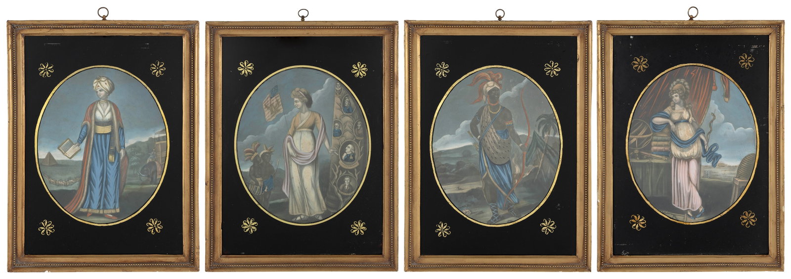 SET OF COLORED MEZZOTINTS "THE FOUR CONTINENTS" Circa 1800 10" x 8" sight. Framed 16" x 12".: SET OF COLORED MEZZOTINTS "THE FOUR CONTINENTS" Circa 1800 Published by John Fairburn, London. 1) "An Emblem of America" with Columbia holding an American flag emblazoned with an eagle while directing