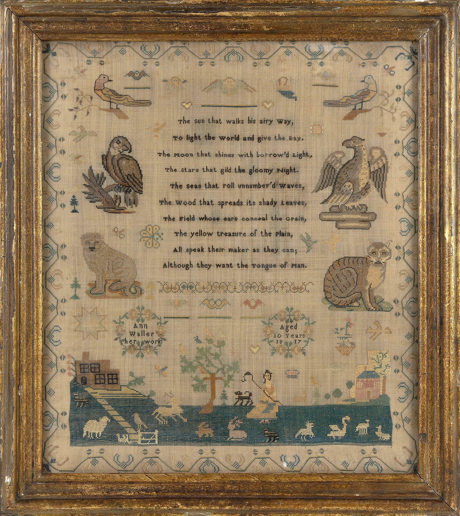 FINE BRITISH NEEDLEWORK SAMPLER First Quarter of the 19th Century 19.75" x 17" sight. Framed 23.5" x (1 of 2)