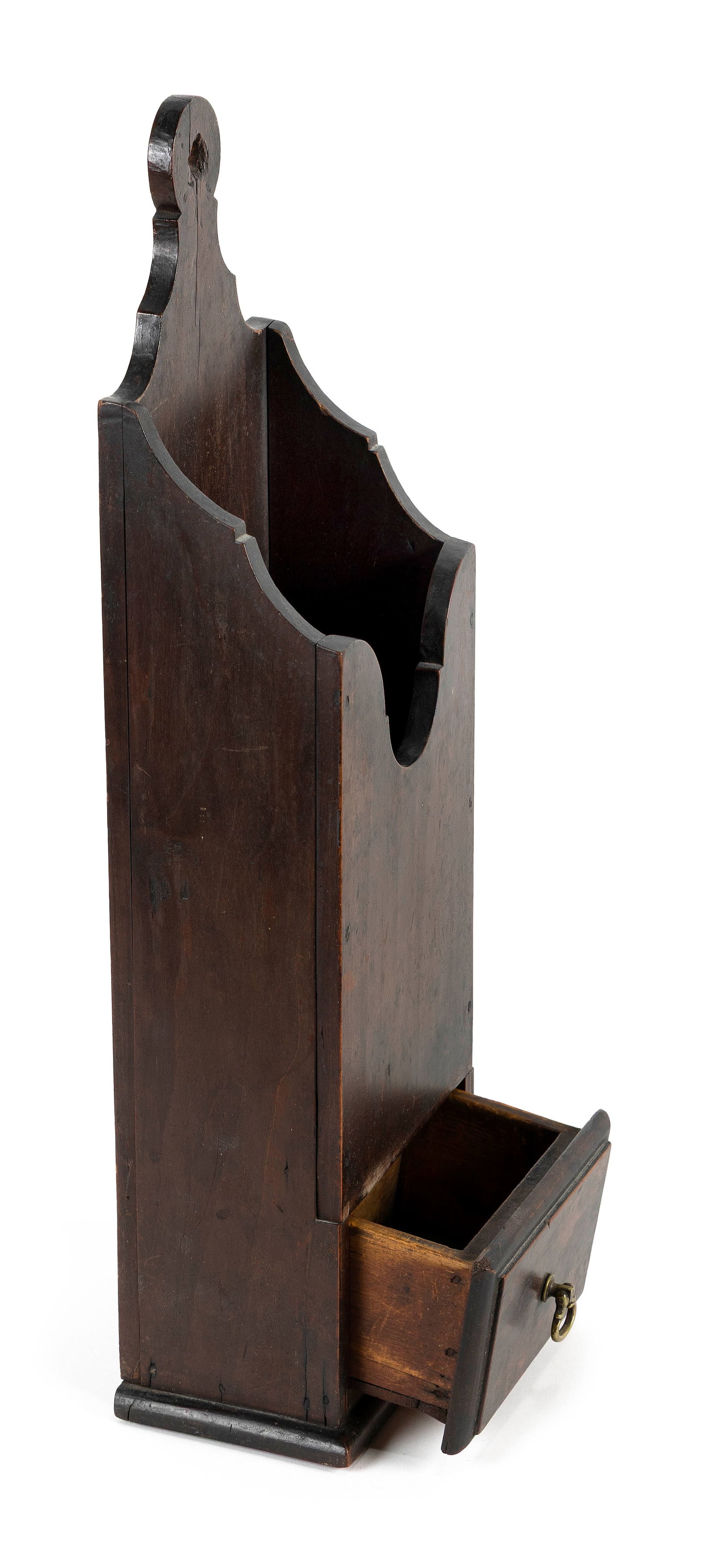 FINE CHERRY PIPE BOX New England, Circa 1770 Height 18". Width 6". Depth 3.75".: FINE CHERRY PIPE BOX New England, Circa 1770 Elegantly scalloped edges. Thumb-?molded drawer at base with original brass pull. Contains six clay pipes, one marked "Broseley 20". Superb original finish