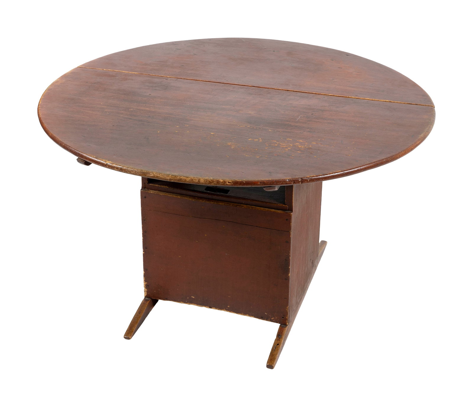 RED-PAINTED PINE AND MAPLE SHOE-?FOOT HUTCH TABLE New England, Circa 1750 Height 27.5". Diameter: RED-PAINTED PINE AND MAPLE SHOE-?FOOT HUTCH TABLE New England, Circa 1750 Of typical form, with a round two-board tilting top and a square base forming a seat. Seat box with sliding cover. Untouched o