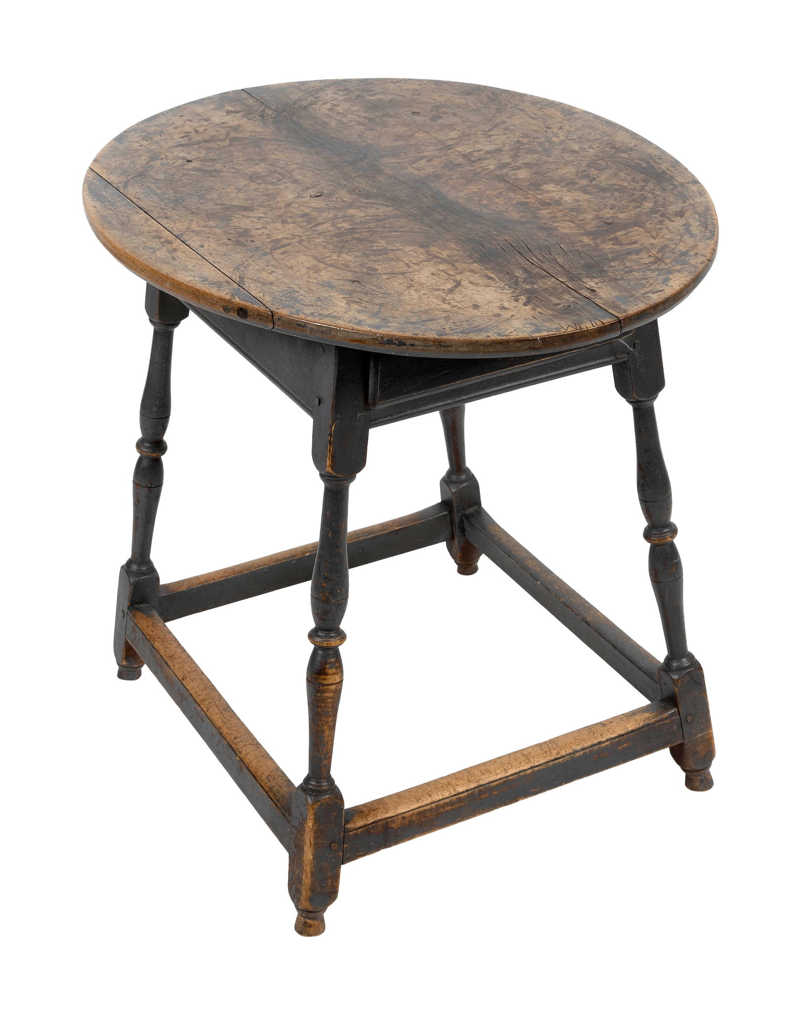 QUEEN ANNE MAPLE AND FIGURED MAPLE TAVERN TABLE New England, Circa 1730 Height 26". Length 30.25". (1 of 4)