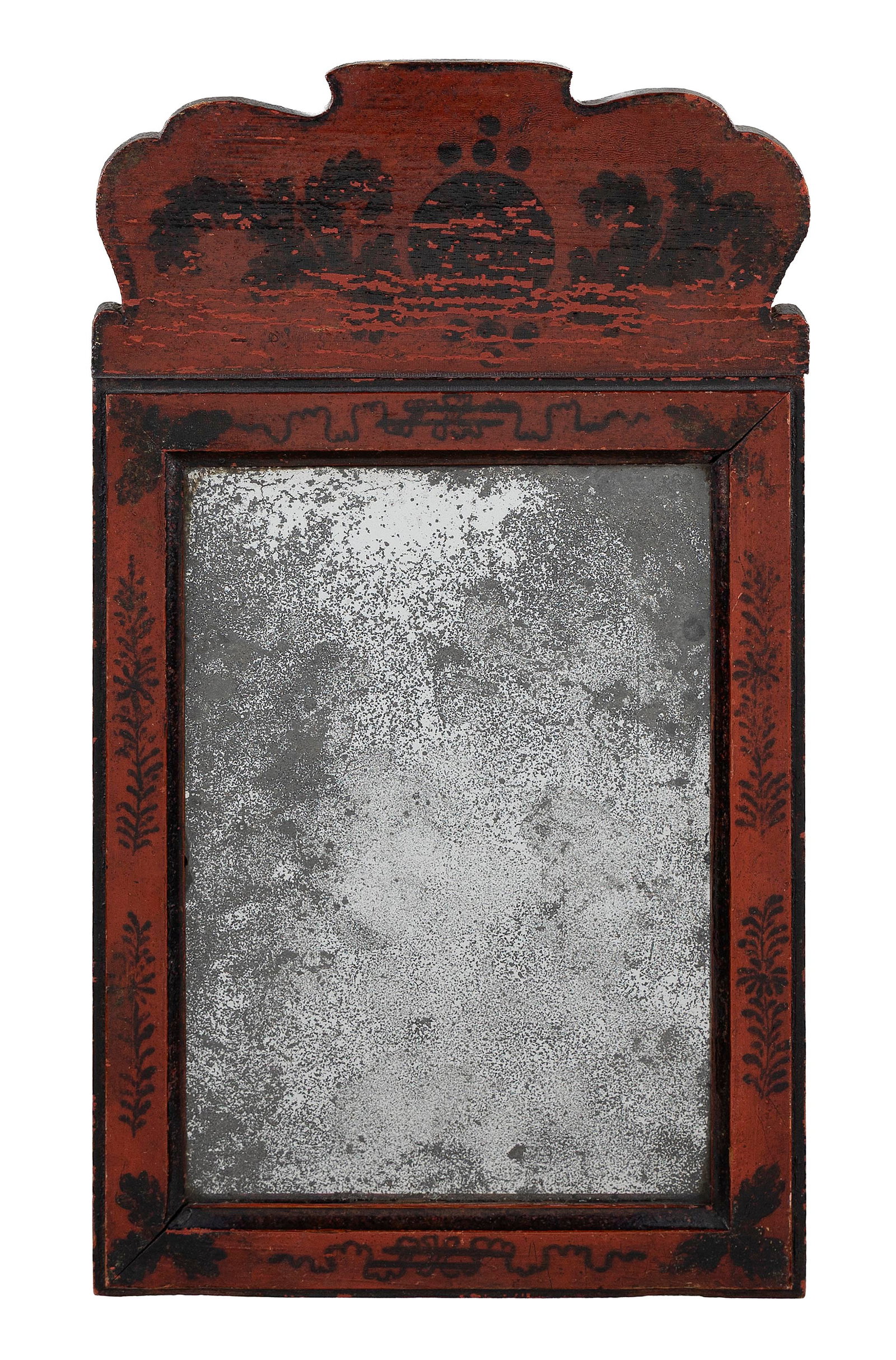 RARE DIMINUTIVE QUEEN ANNE JAPANNED WALL MIRROR 18th Century Height 15". Width 8.5".: RARE DIMINUTIVE QUEEN ANNE JAPANNED WALL MIRROR 18th Century Crest and frame with black-painted floral and scroll decoration against a red ground. Family history on handwritten notes affixed verso. He