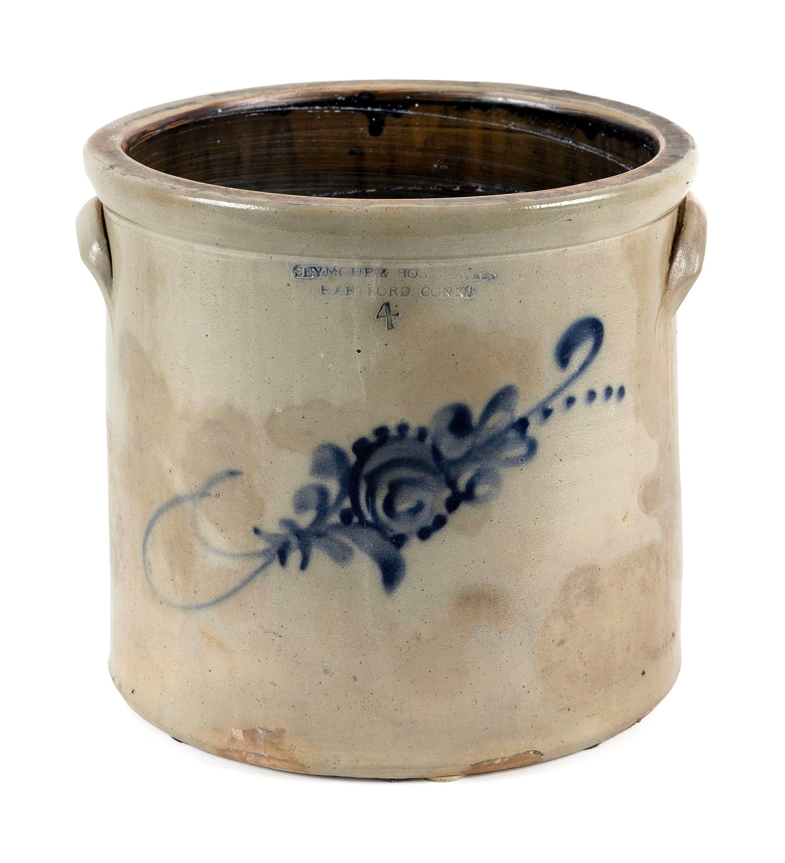 SEYMOUR & BOSWORTH FOUR-GALLON STONEWARE CROCK Circa 1880 Height 11.5". Diameter 11.75". (1 of 4)