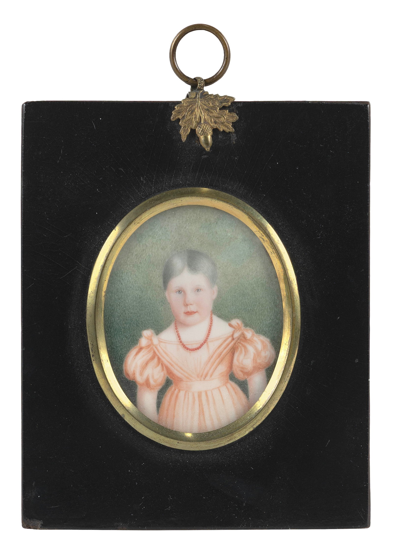 PORTRAIT MINIATURE ON IVORY OF A GIRL IN A PINK DRESS Probably England, Late 18th/Early 19th Century: PORTRAIT MINIATURE ON IVORY OF A GIRL IN A PINK DRESS Probably England, Late 18th/Early 19th Century Wearing a coral bead necklace. Identified verso as Sophia Wood Tyndale, Danbury, Essex, Aged 3 1/4[