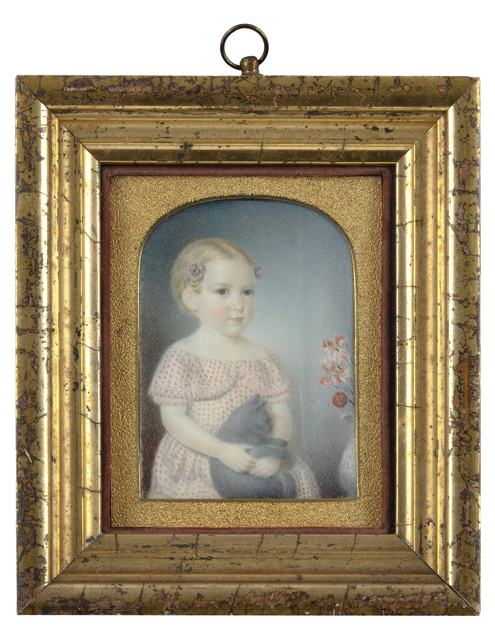 ELIZA GOODRIDGE (Massachusetts, 1798-1882), Portrait miniature on ivory of a young girl holding a: ELIZA GOODRIDGE Massachusetts, 1798-1882 Portrait miniature on ivory of a young girl holding a gray cat. The girl, wearing a pink and white spotted dress and with her blonde hair held back with tartan