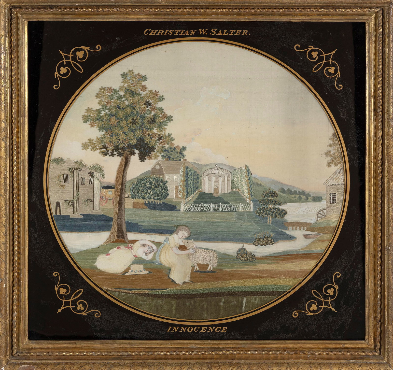 SILK NEEDLEWORK PICTURE "INNOCENCE" Hartford, Connecticut, Circa 1800 18" x 17" sight. Framed 23.5" (1 of 5)
