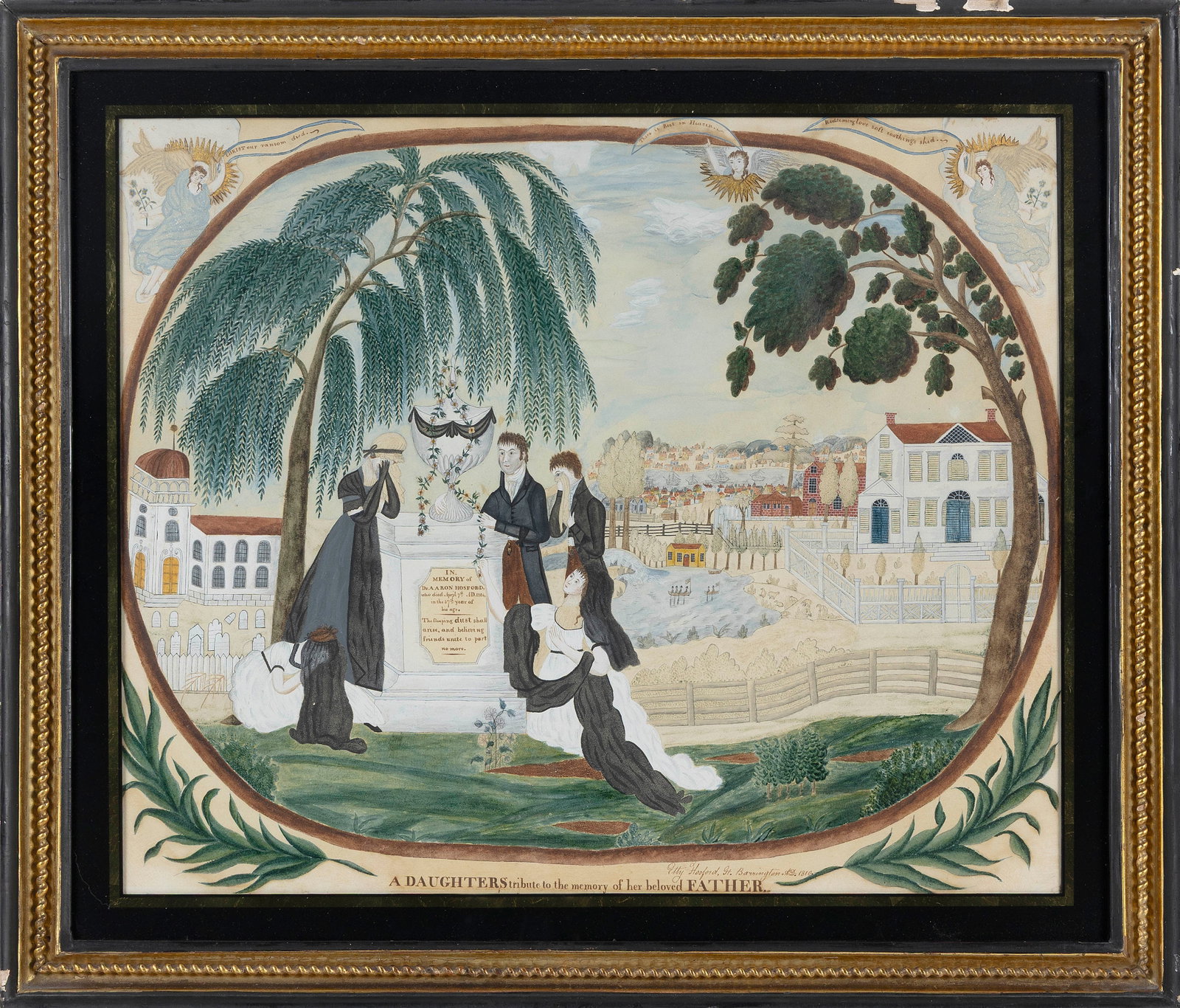MEMORIAL "A DAUGHTERS TRIBUTE TO THE MEMORY OF HER BELOVED FATHER" Watercolor, ink, gold and mica on: MEMORIAL "A DAUGHTERS TRIBUTE TO THE MEMORY OF HER BELOVED FATHER" Depicts five mournful figures, one a girl with a long black veil obscuring her face, gathered around a memorial monument inscribed "I