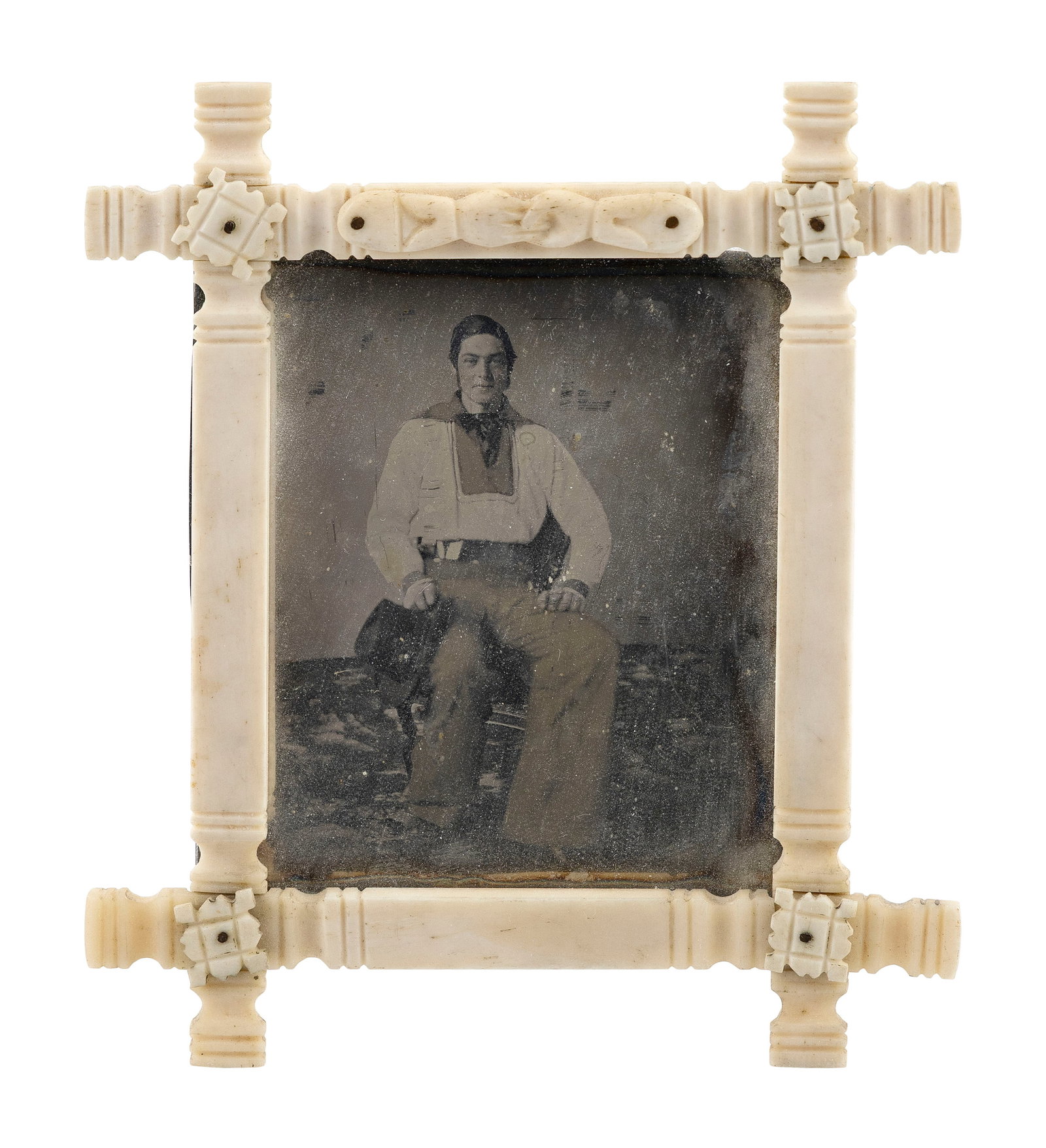 TINTYPE OF A SAILOR, HOUSED IN A SCRIMSHAW FRAME America, Mid-?19th Century 5" x 4.5". (1 of 1)
