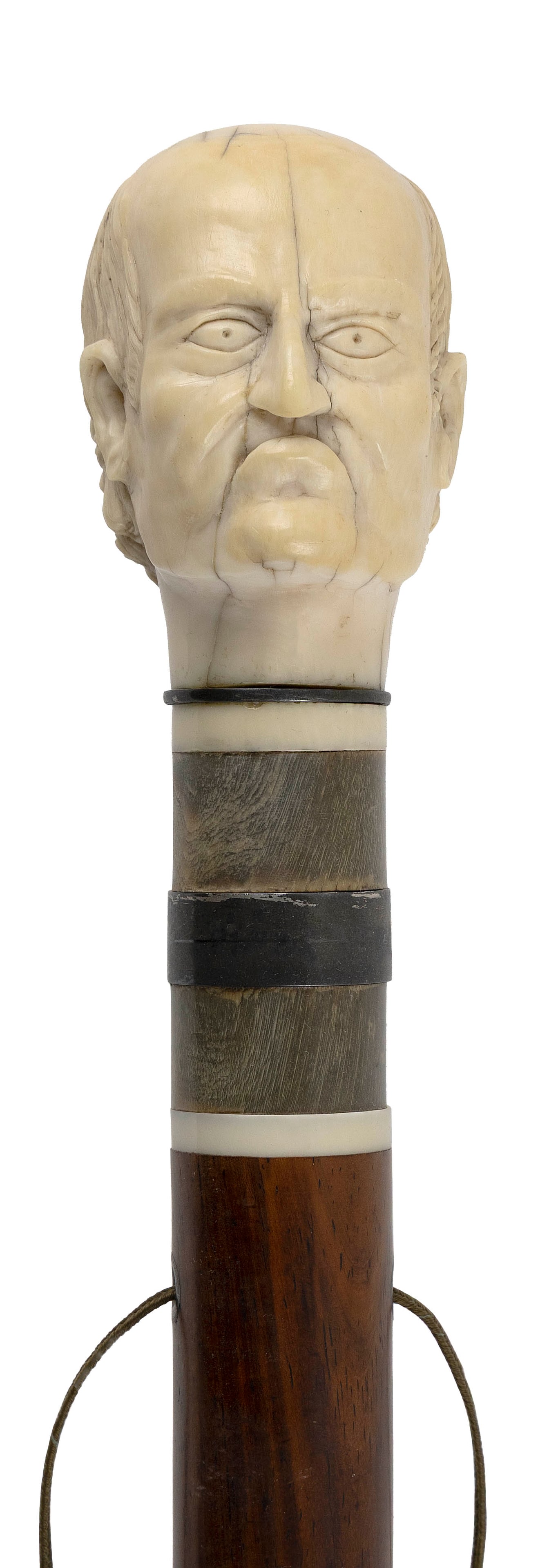 UNUSUAL SCRIMSHAW WALKING STICK WITH FIGURAL HANDLE Circa 1825-1850 Length 34.5". (1 of 1)