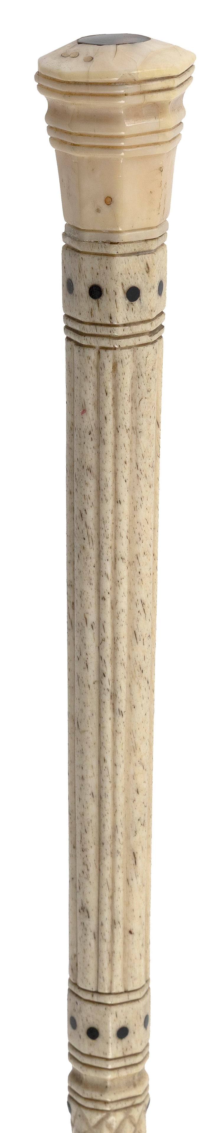 CARVED AND INLAID WHALE IVORY AND WHALEBONE WALKING STICK America, 19th Century Length 36". (1 of 1)