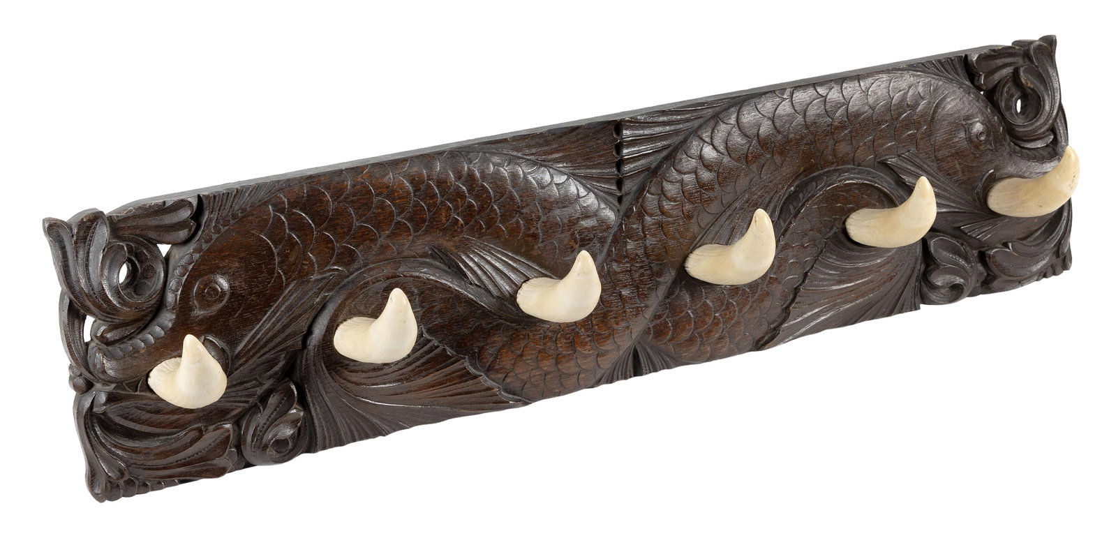 RARE WHALE'S TOOTH AND RELIEF-CARVED HARDWOOD WALL HANGING RACK America, Circa 1870 Backboard 9.25" (1 of 4)