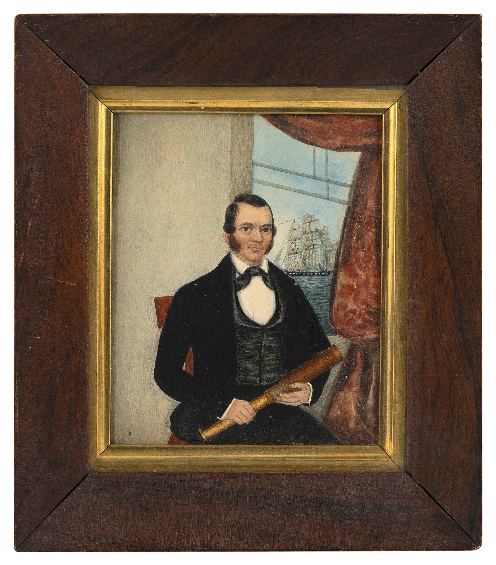 AMERICAN SCHOOL (Mid-?19th Century,), Portrait of a ship captain holding a spyglass, Watercolor on (1 of 1)