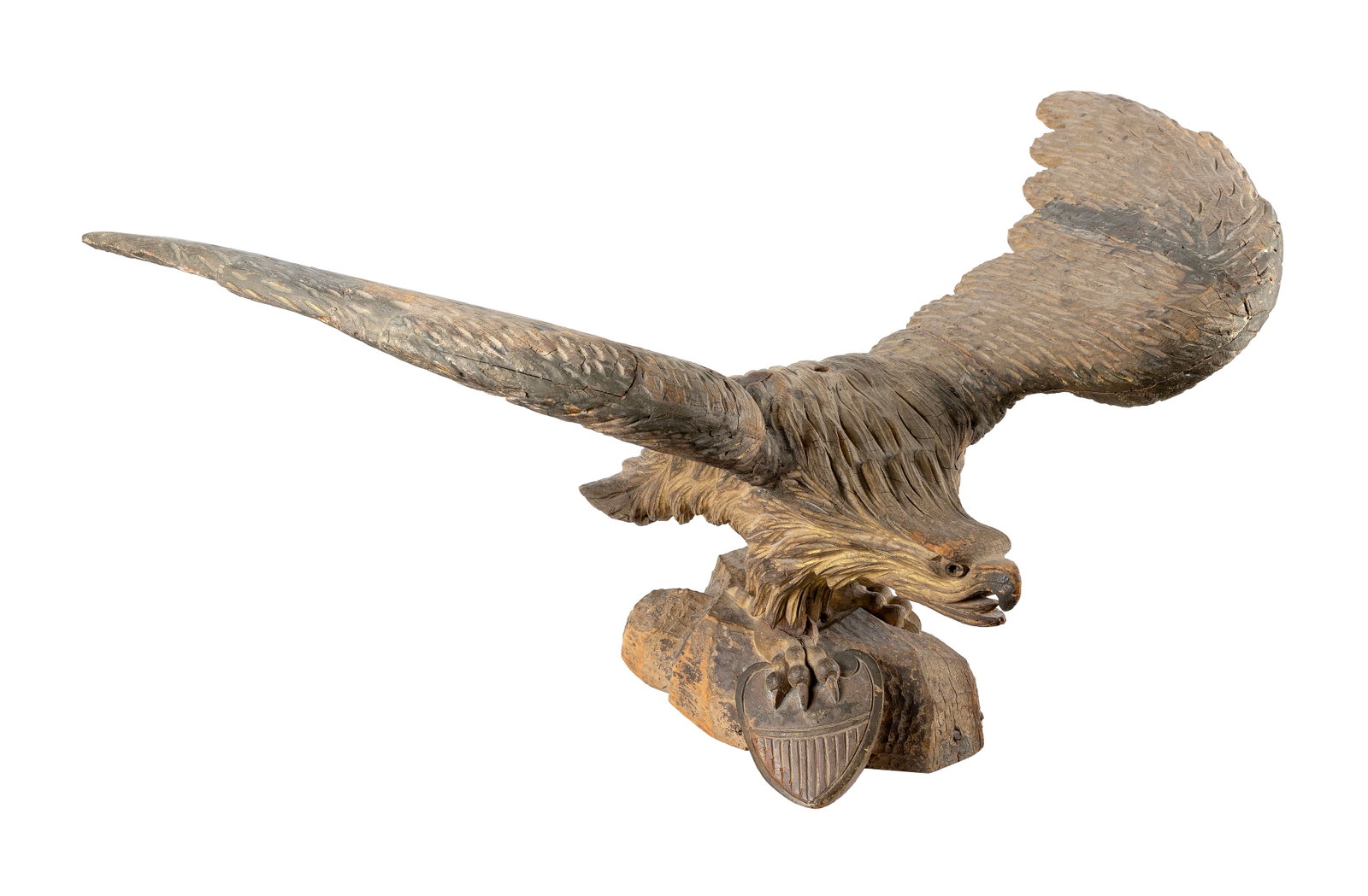 VERY FINE AND LARGE CARVED AND GILDED PILOT HOUSE EAGLE America, 19th Century Height 16.5". Width (1 of 5)