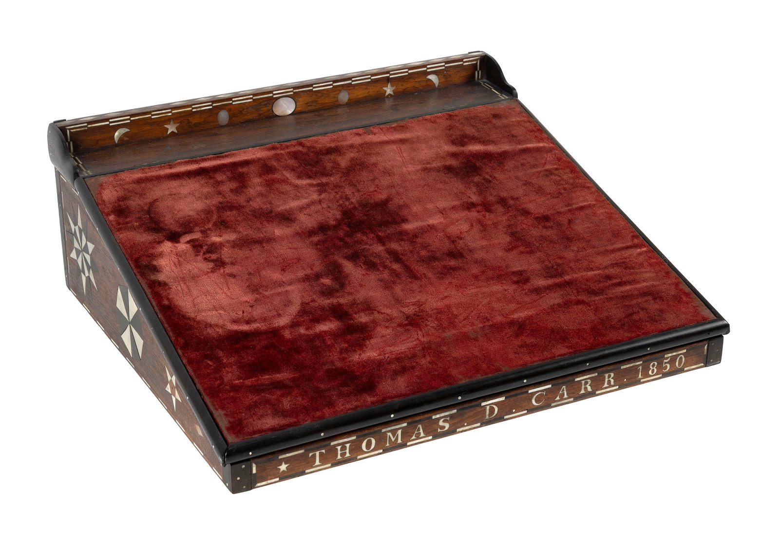 FINE SAILOR-MADE INLAID MAHOGANY TABLETOP DESK America, Circa 1850 Height 7.25". Width 20.25". Depth: FINE SAILOR-MADE INLAID MAHOGANY TABLETOP DESK America, Circa 1850 Extensive whale ivory, exotic wood and abalone inlay throughout, including "Thomas. D. Carr. 1850" at front, checkered and pique band