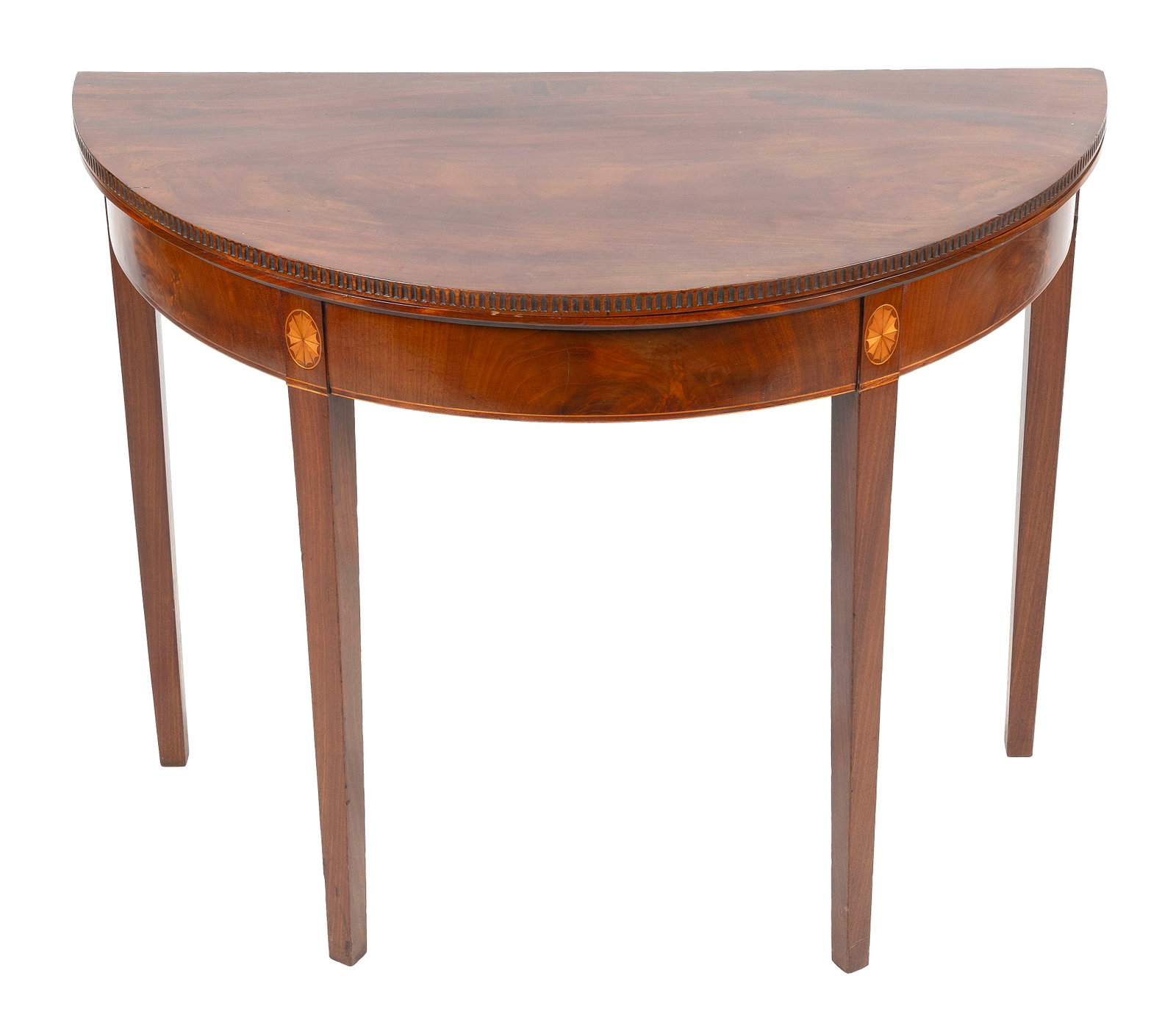 FEDERAL INLAID MAHOGANY DEMILUNE CARD TABLE Newport, Rhode Island, Circa 1790 Height 29". Width 37". (1 of 5)