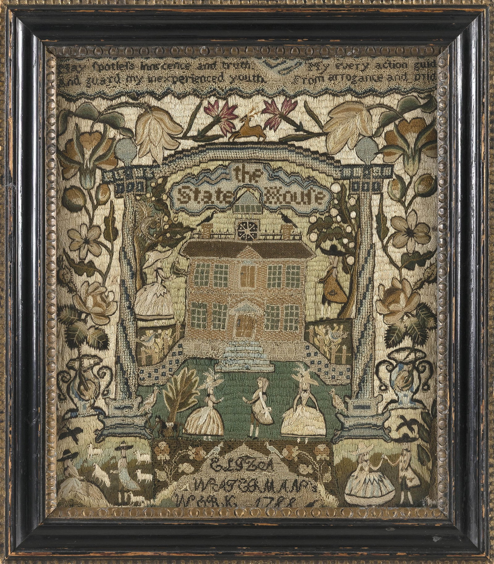 EXTREMELY RARE AND IMPORTANT NEEDLEWORK SAMPLER DEPICTING THE RHODE ISLAND STATE HOUSE Providence, (1 of 2)