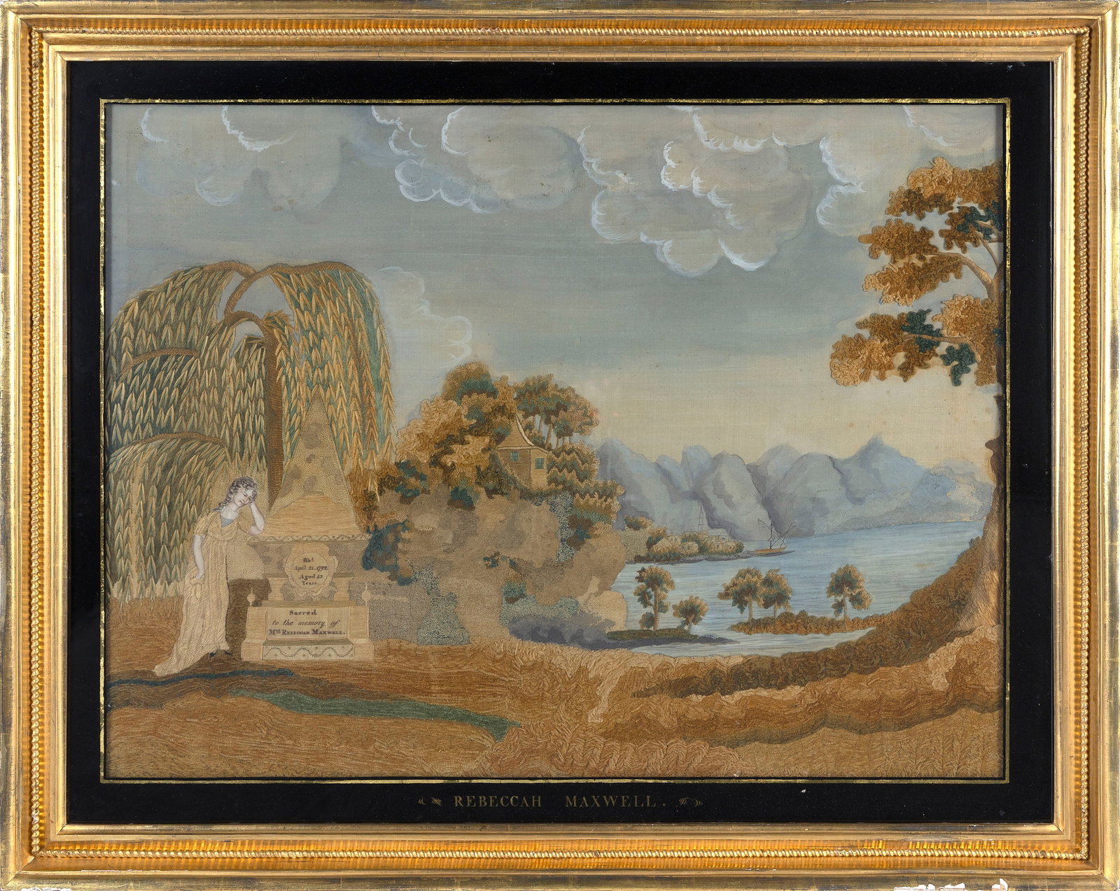 SILK NEEDLEWORK MEMORIAL PICTURE ATTRIBUTED TO MARY BALCH'S SCHOOL 18th Century 18.75" x 25" sight. (1 of 1)