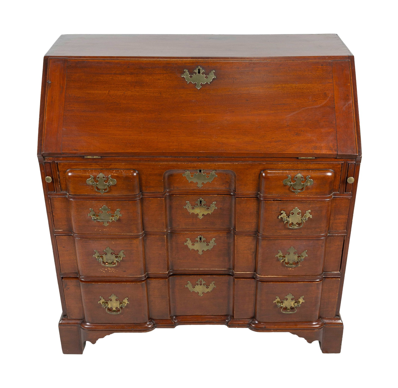 CHIPPENDALE MAHOGANY BLOCK-FRONT SLANT-LID DESK Circa 1780 Height 41.5". Width 40.5". Depth 22.5". (1 of 7)