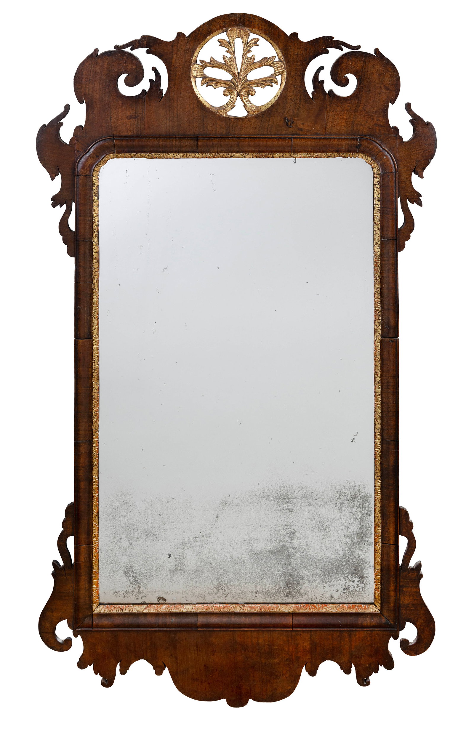 CHIPPENDALE WALNUT AND PARCEL GILT WALL MIRROR Circa 1770 Height 46.5". Width 25.5". (1 of 1)