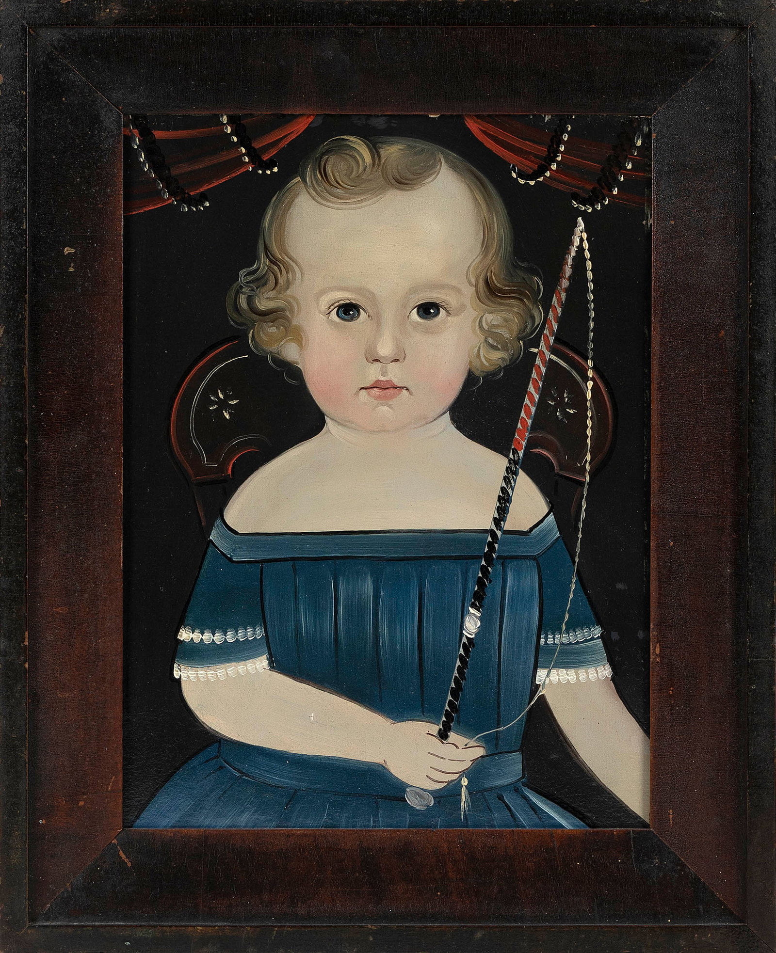 STURTEVANT J. HAMBLIN (Maine/Massachusetts, 1817-1884), "Portrait of a Young Boy in a Blue Dress".,: STURTEVANT J. HAMBLIN Maine/Massachusetts, 1817-1884 "Portrait of a Young Boy in a Blue Dress". Half-length portrait of a blonde-haired blue-eyed toddler seated in a paint-decorated chair and holding 