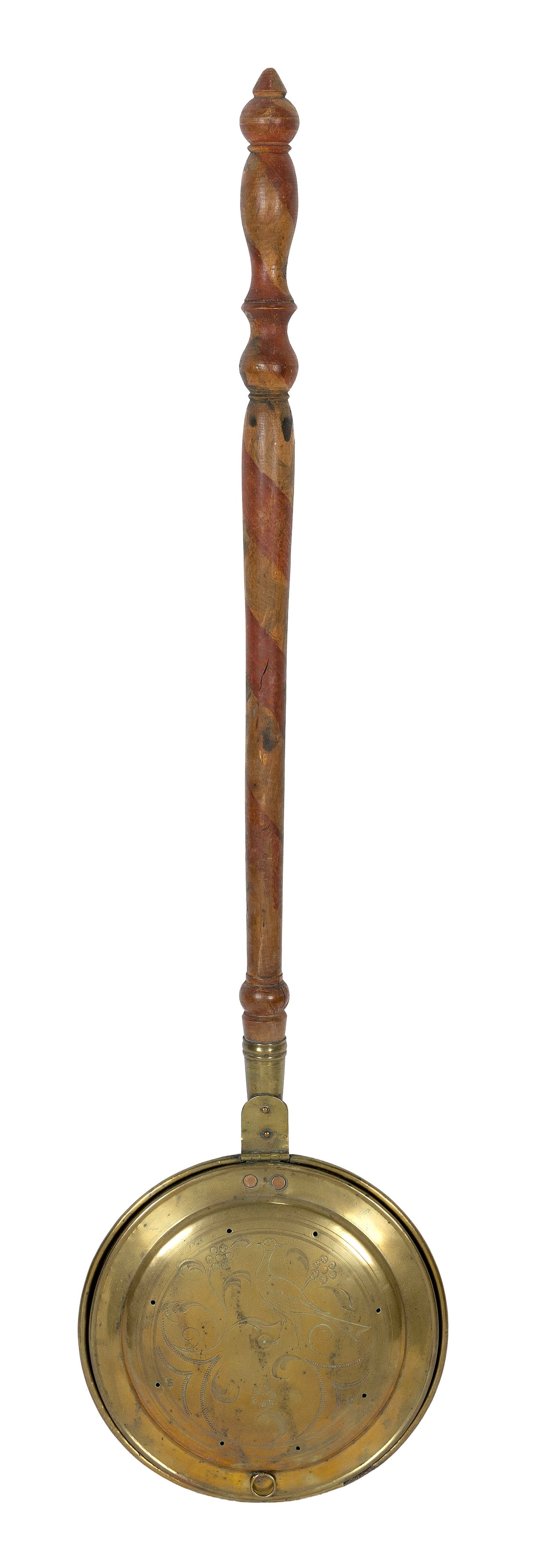 UNUSUAL BRASS AND TURNED WOOD WARMING PAN Circa 1850 Length 43.5". Pan diameter 11.5". (1 of 3)