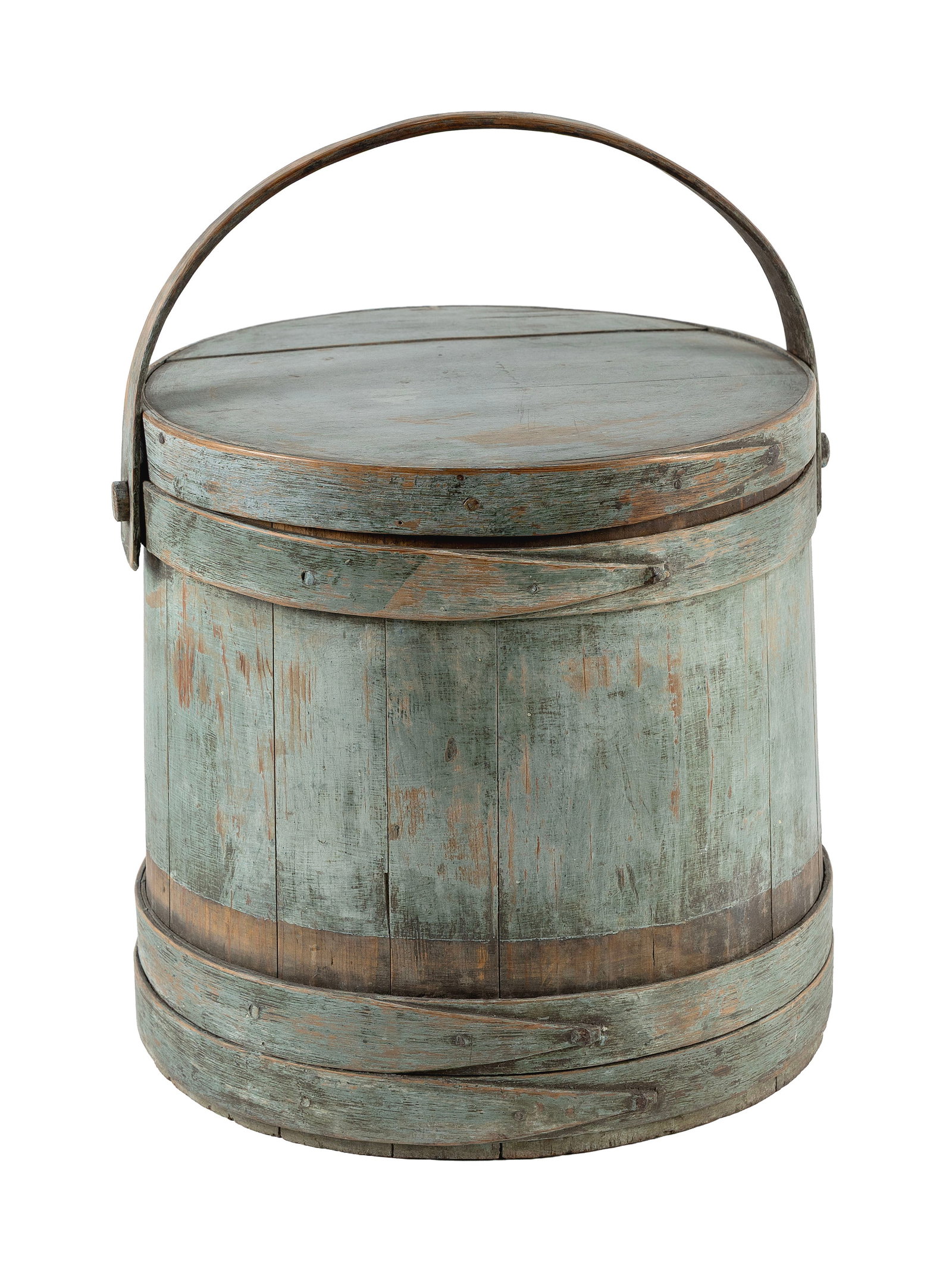 BLUE-GRAY PAINTED FIRKIN 19th Century Height 14". Top diameter 13.5". (1 of 4)