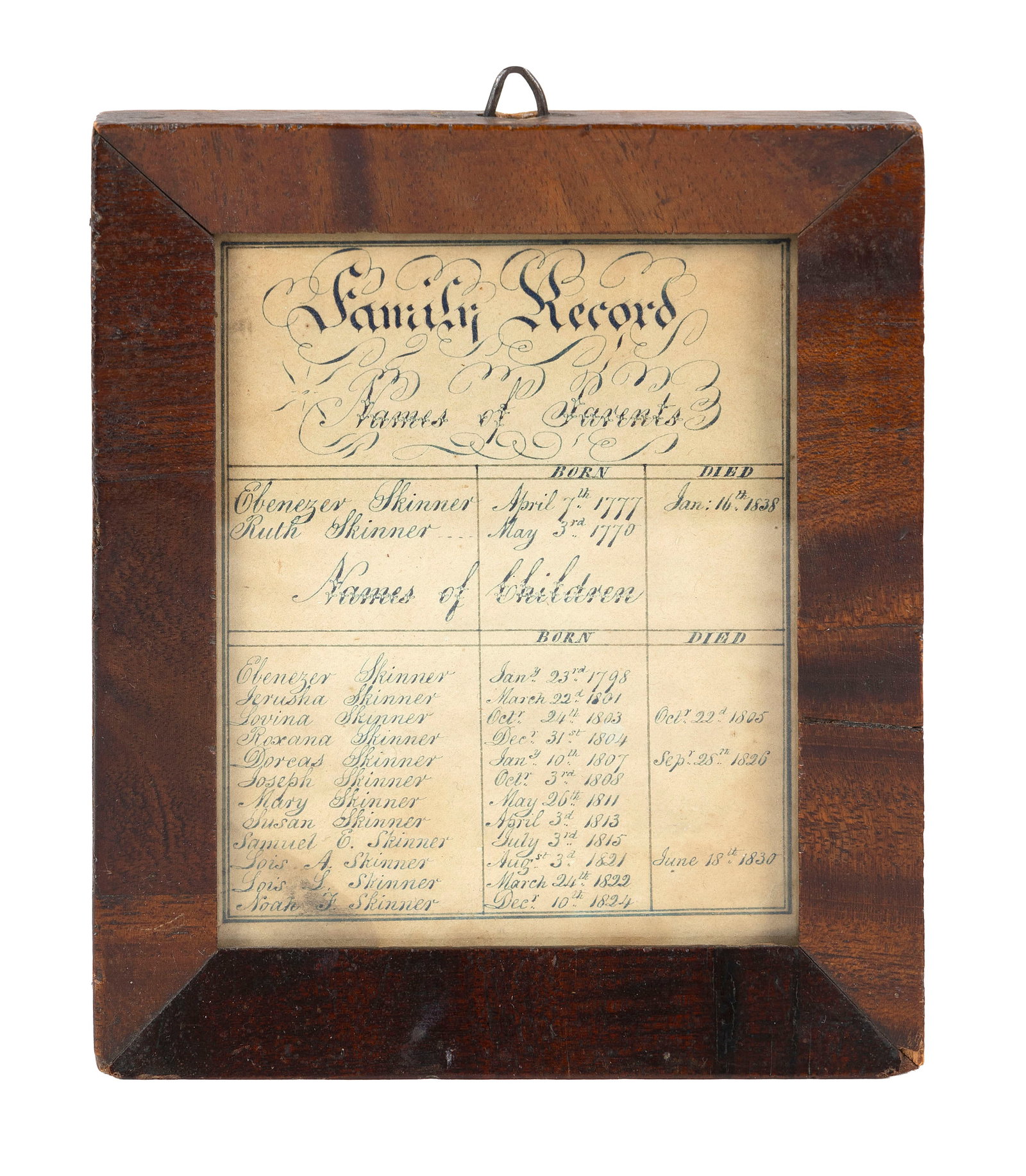 RARE MINIATURE CALLIGRAPHIC FAMILY RECORD New England, Late 18th/Early 19th Century 4.75" x 3.75": RARE MINIATURE CALLIGRAPHIC FAMILY RECORD New England, Late 18th/Early 19th Century Records the family of Ebenezer and Ruth Skinner and their 12 children, with birth dates ranging from 1770 to 1824. H
