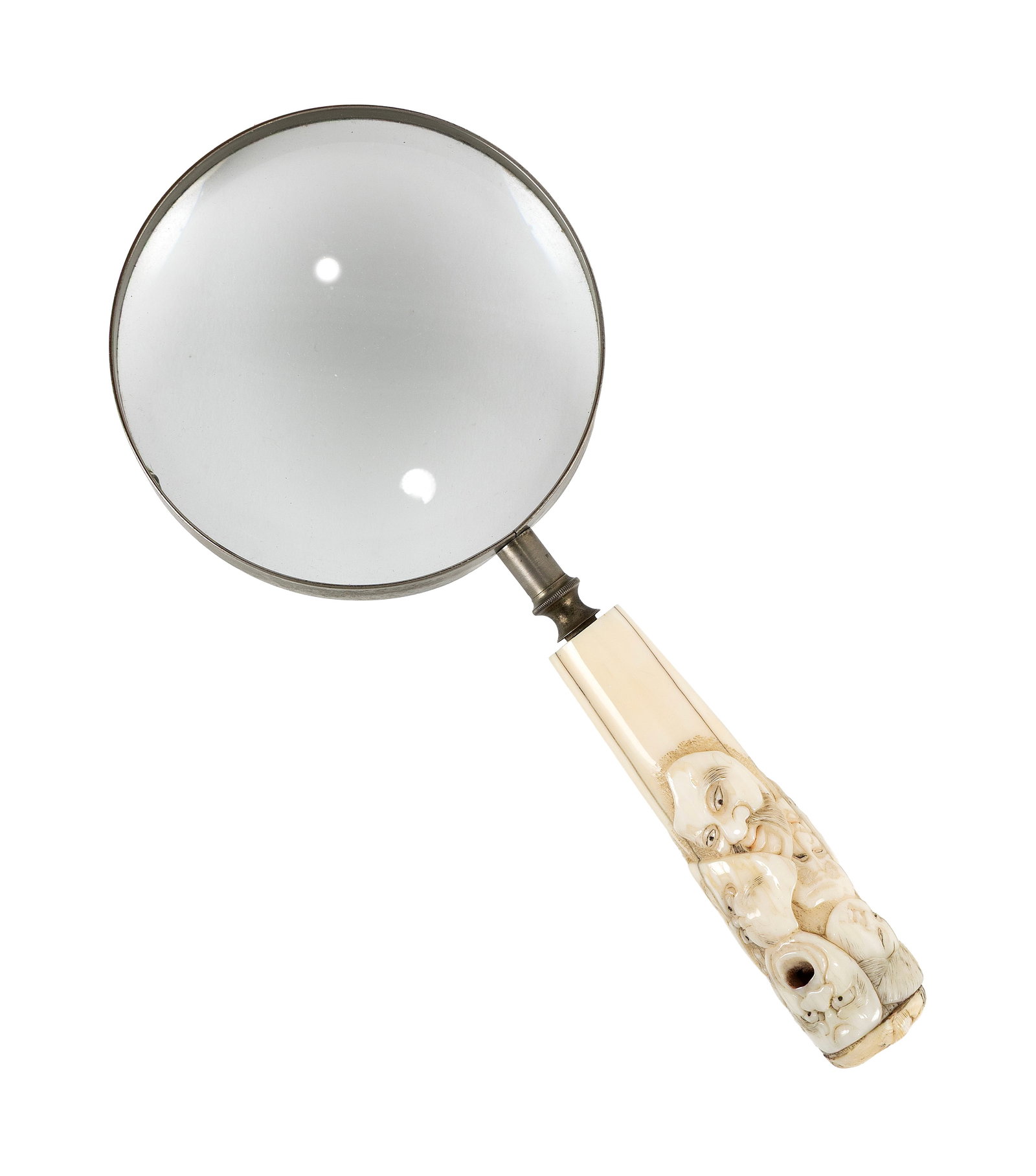 JAPANESE MAGNIFYING GLASS WITH CARVED IVORY HANDLE Meiji Period Handle length 4.25". Total length: JAPANESE MAGNIFYING GLASS WITH CARVED IVORY HANDLE Meiji Period Intricate decoration of oni, tengu and other masks. Handle length 4.25". Total length 9.25". Provenance: The Collection of Nancy & Larry