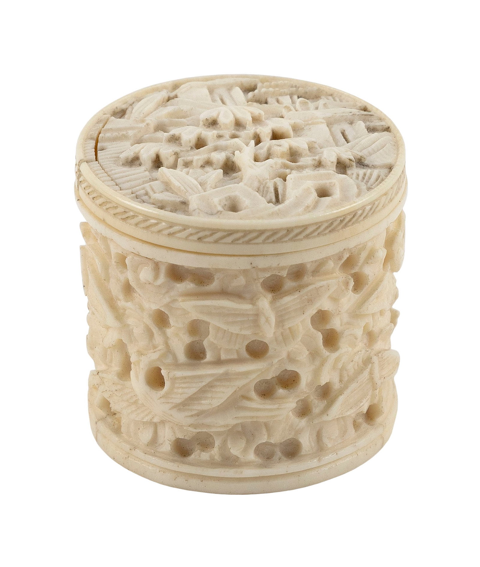 CHINESE CARVED IVORY BOX 19th Century Height 1.5". Diameter 1.5".: CHINESE CARVED IVORY BOX 19th Century Threaded lid with decoration of a tree in a village landscape. Box with allover decoration of phoenix and butterflies against foliage. Height 1.5". Diameter 1.5".