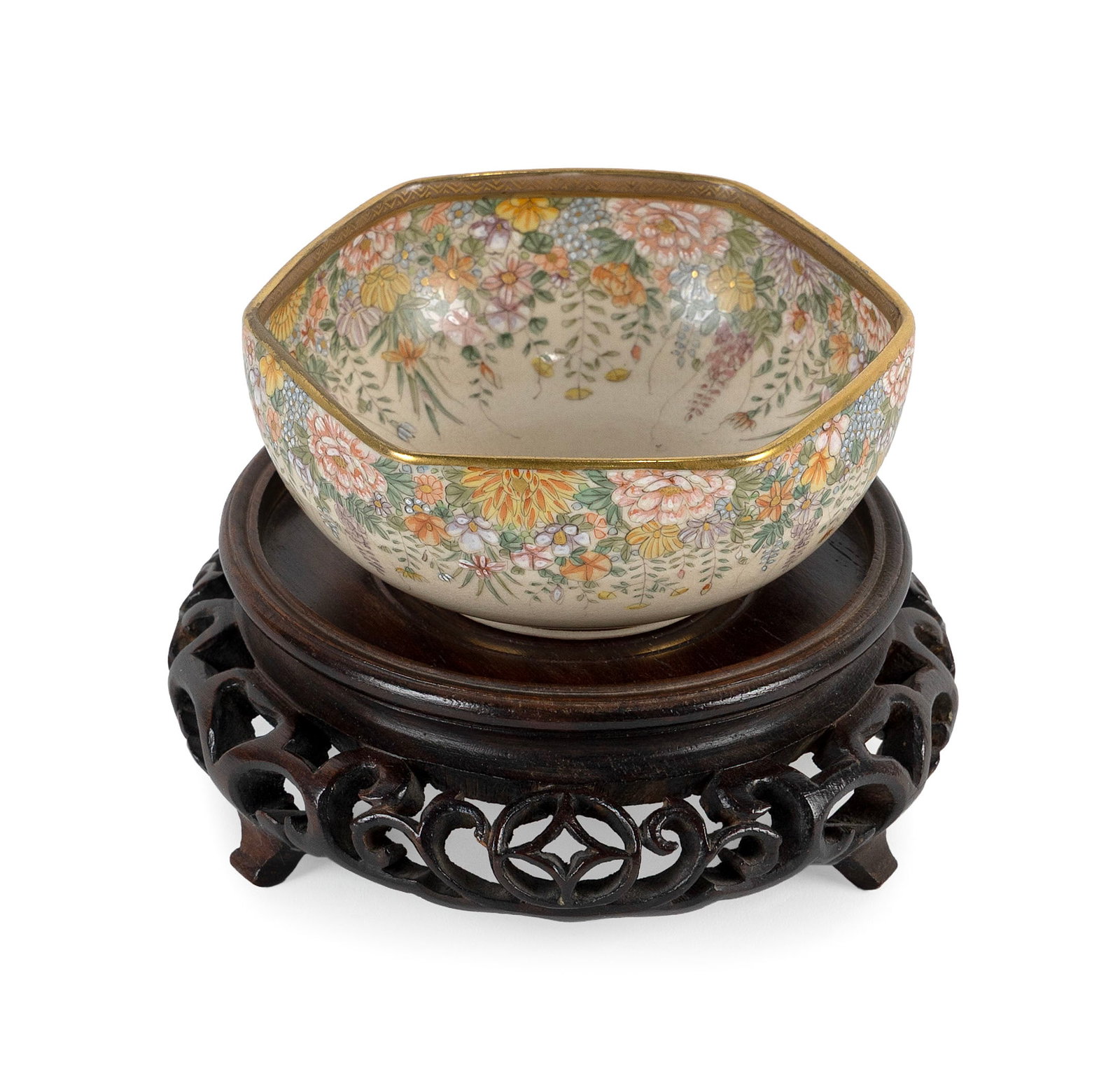 JAPANESE SATSUMA PORCELAIN HEXAGONAL DISH Meiji Period Bowl height 1.5". Width 3.75". With carved (1 of 4)