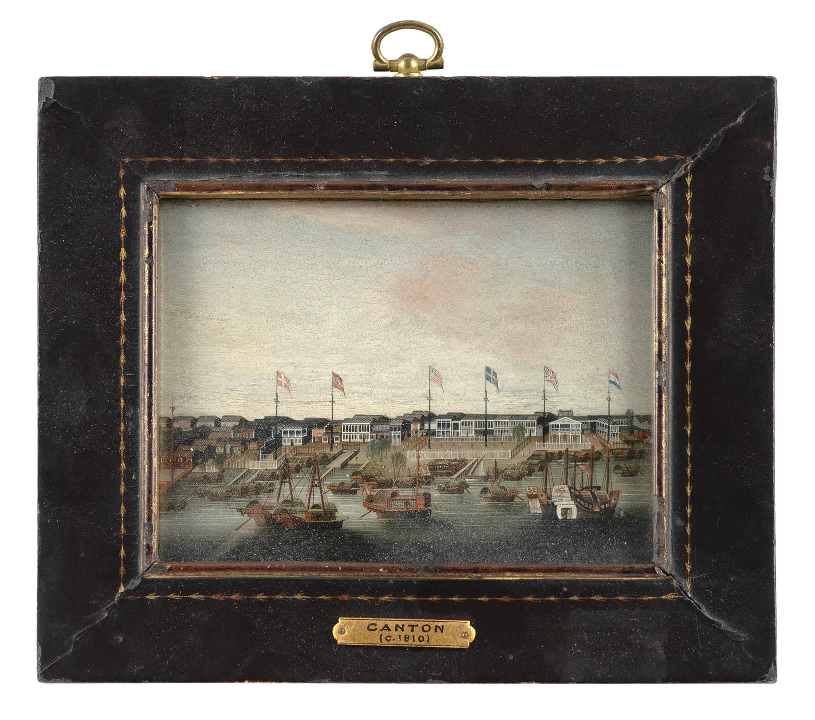 CHINESE SCHOOL (Circa 1810,), Miniature view of the Canton waterfront, Oil on copper, 3.75" x 5" (1 of 2)