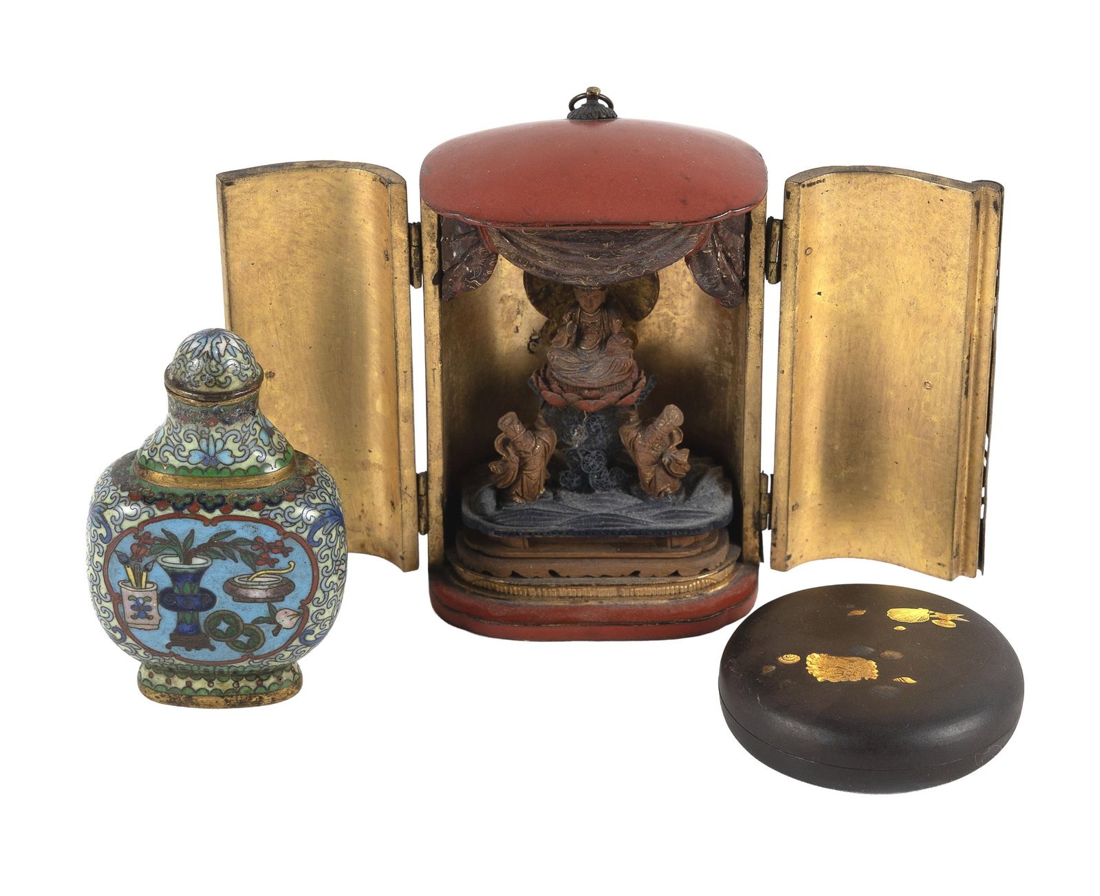 THREE PIECES OF ASIAN ART 19th Century: THREE PIECES OF ASIAN ART 19th Century 1) Japanese red lacquer zushi (shrine) that opens to reveal two attendants and Buddha seated on a lotus base. Height 3.5". 2) Japanese mixed metal kogo (incense 