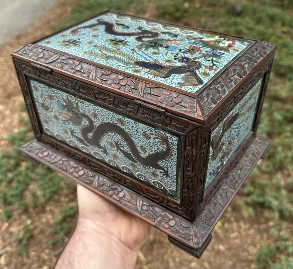 CHINESE CARVED WOOD AND CLOISONNE ENAMEL BOX 19th Century Height 5.5". Width 9.5". Depth 7". - 10