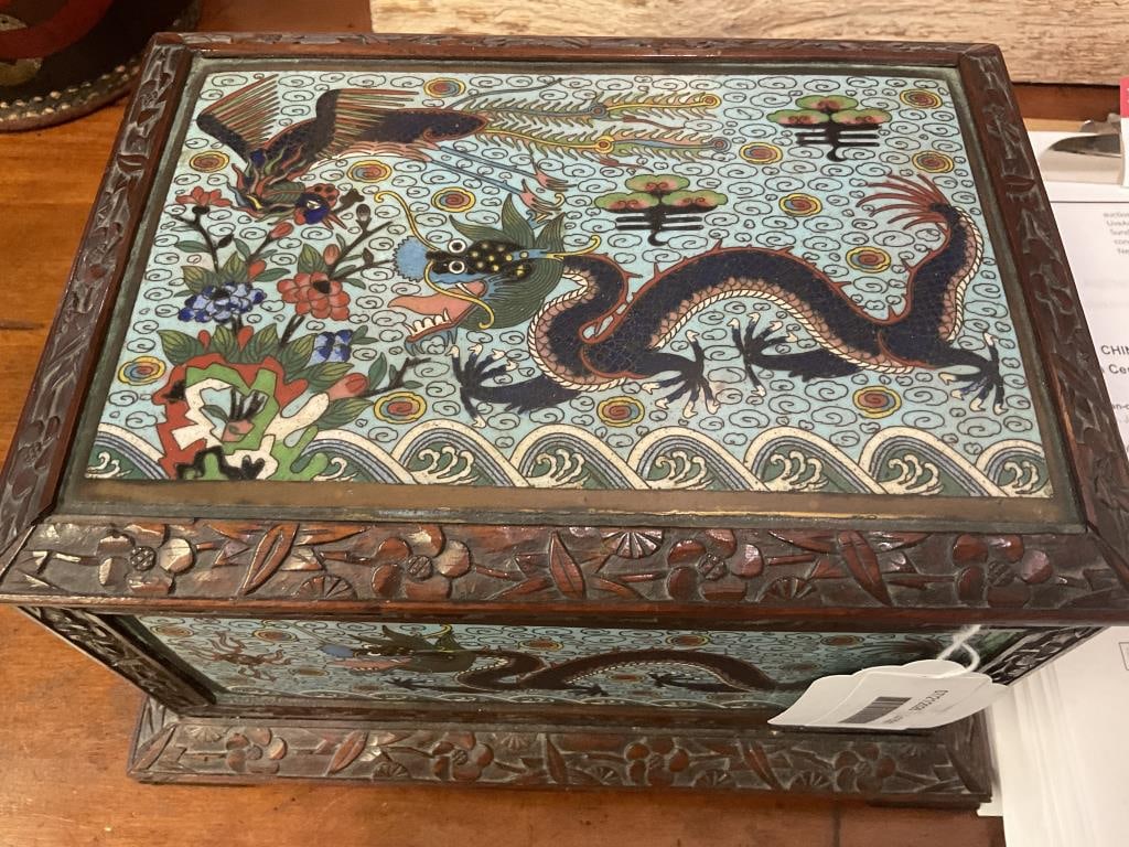 CHINESE CARVED WOOD AND CLOISONNE ENAMEL BOX 19th Century Height 5.5". Width 9.5". Depth 7". - 11