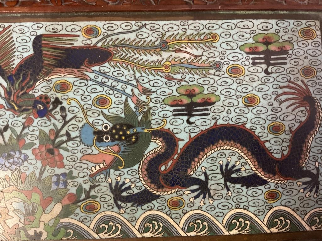 CHINESE CARVED WOOD AND CLOISONNE ENAMEL BOX 19th Century Height 5.5". Width 9.5". Depth 7". - 12