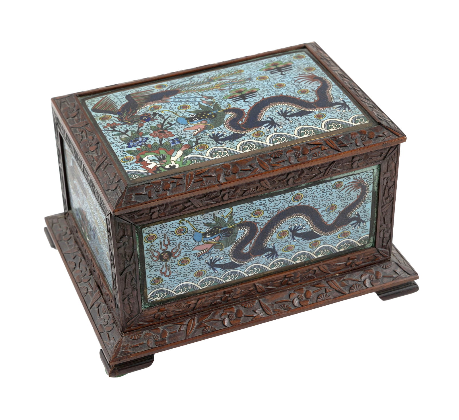 CHINESE CARVED WOOD AND CLOISONNE ENAMEL BOX 19th Century Height 5.5". Width 9.5". Depth 7". (1 of 8)