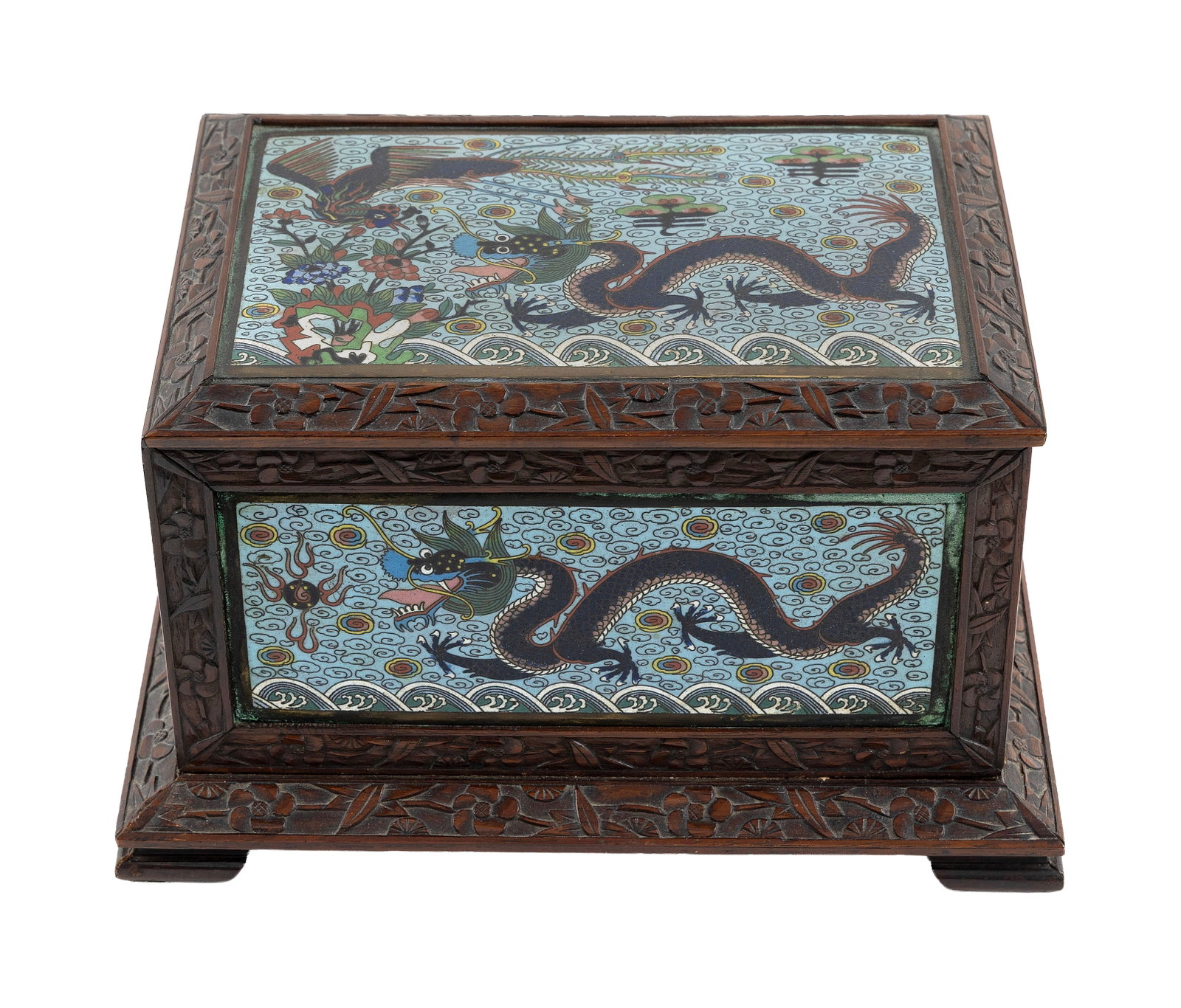 CHINESE CARVED WOOD AND CLOISONNE ENAMEL BOX 19th Century Height 5.5". Width 9.5". Depth 7". - 2