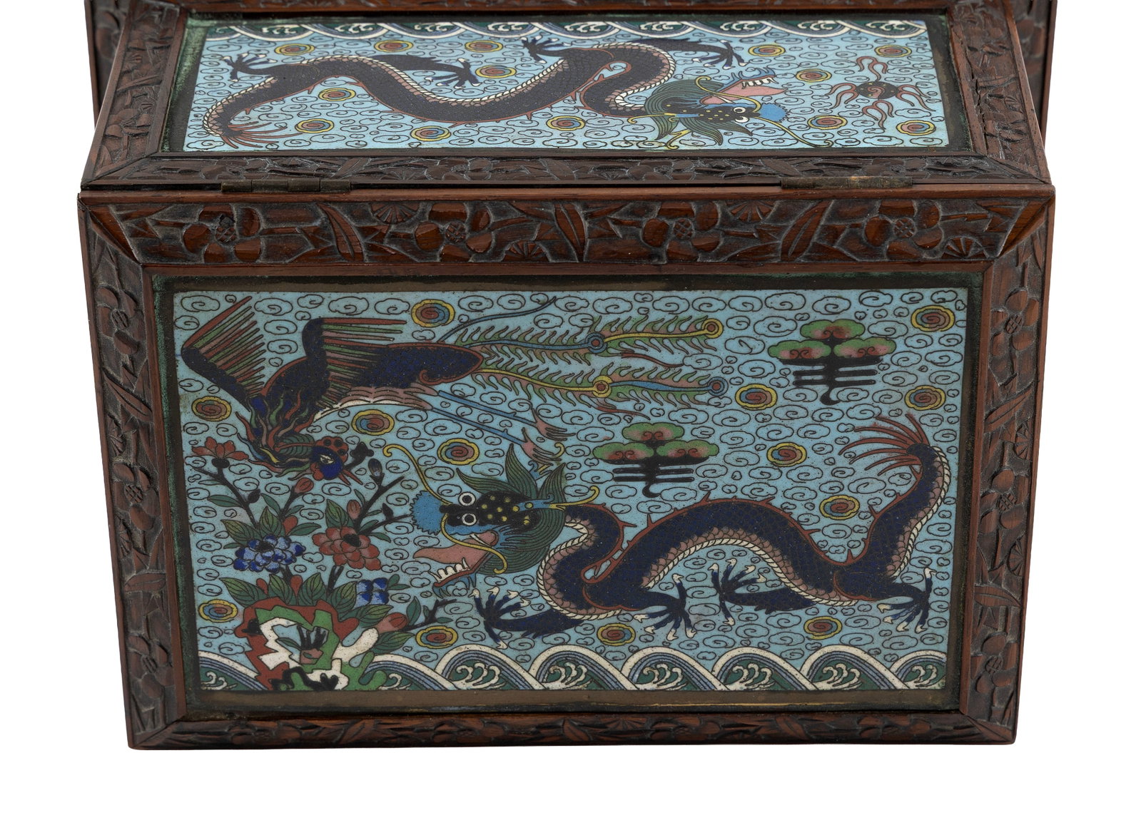 CHINESE CARVED WOOD AND CLOISONNE ENAMEL BOX 19th Century Height 5.5". Width 9.5". Depth 7". - 3