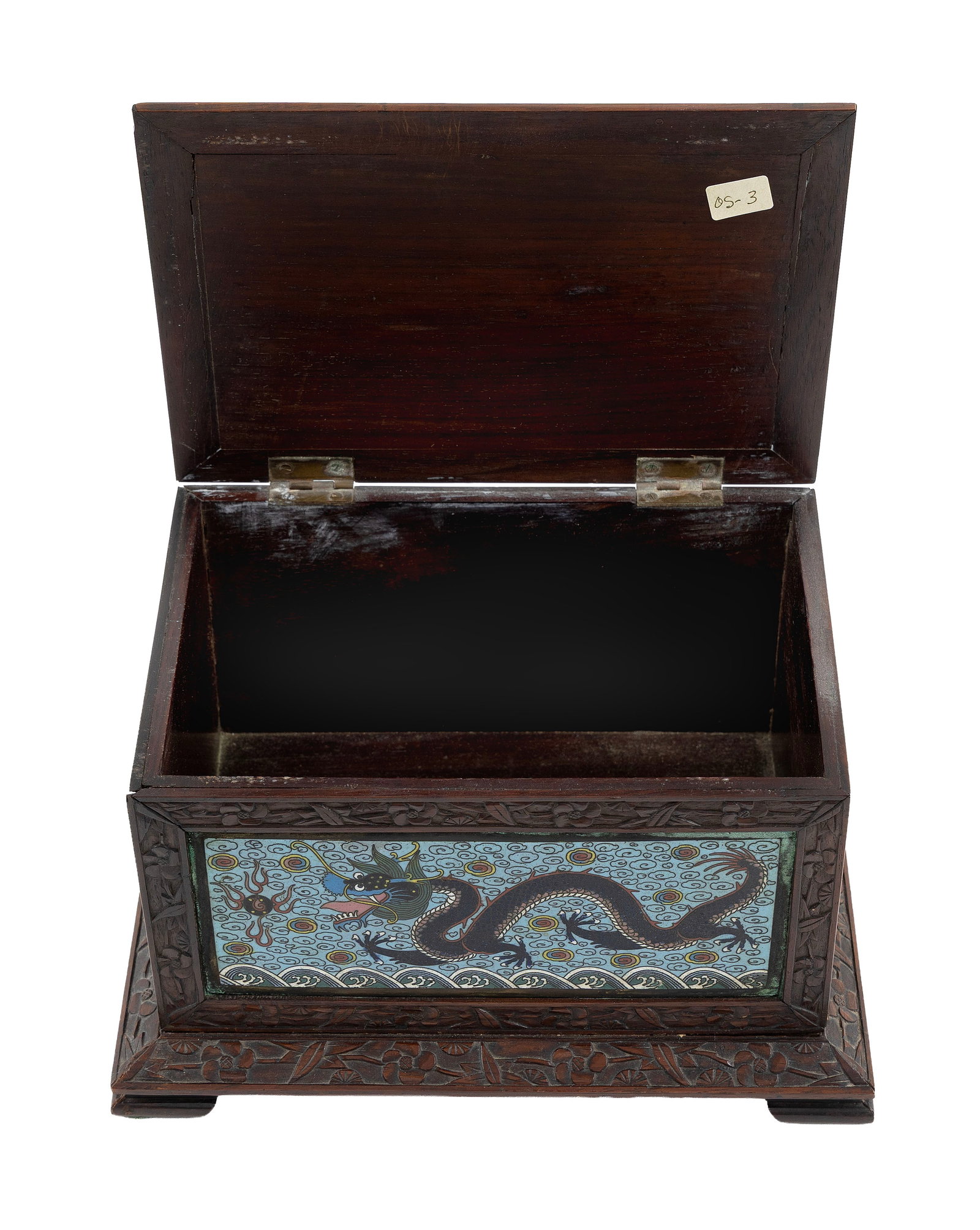 CHINESE CARVED WOOD AND CLOISONNE ENAMEL BOX 19th Century Height 5.5". Width 9.5". Depth 7". - 4