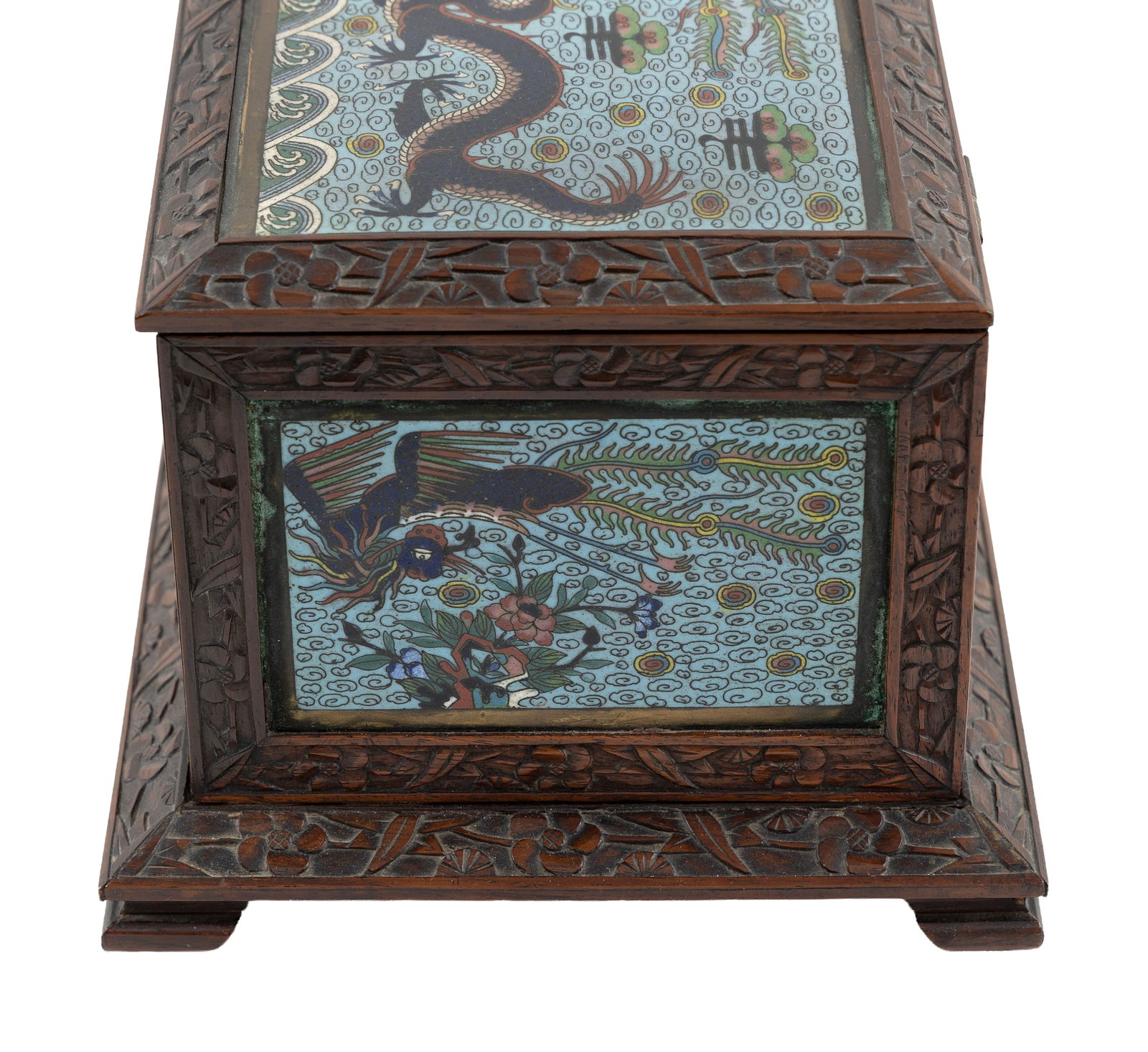 CHINESE CARVED WOOD AND CLOISONNE ENAMEL BOX 19th Century Height 5.5". Width 9.5". Depth 7". - 5