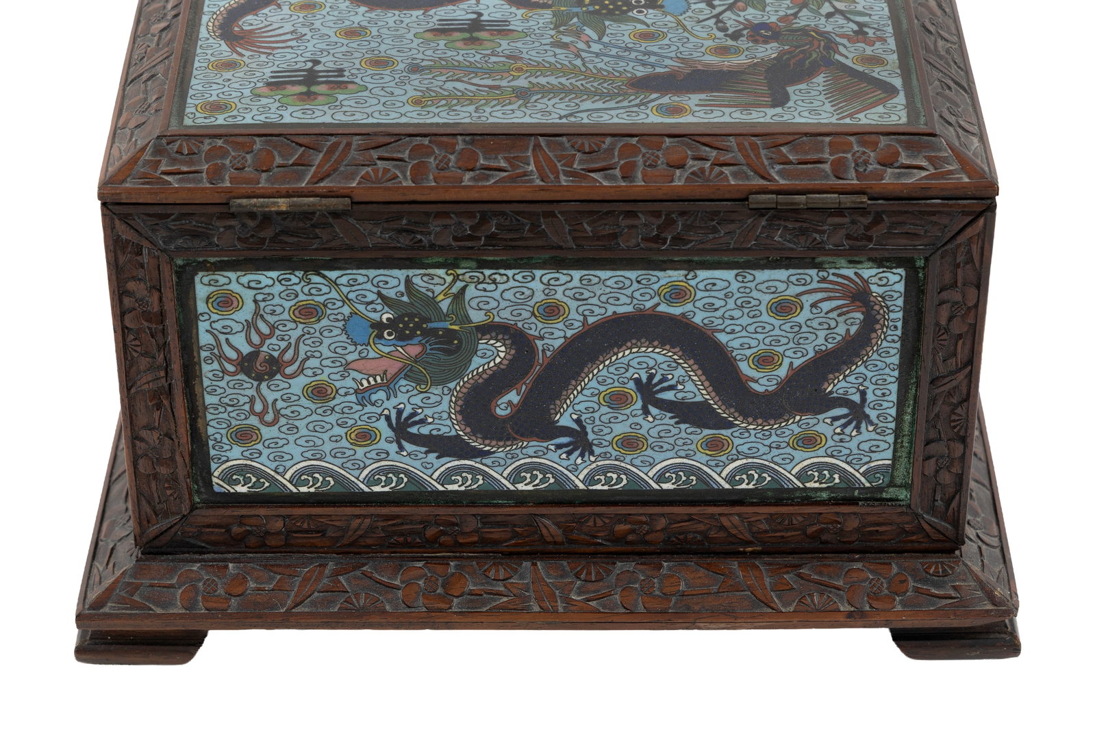 CHINESE CARVED WOOD AND CLOISONNE ENAMEL BOX 19th Century Height 5.5". Width 9.5". Depth 7". - 6