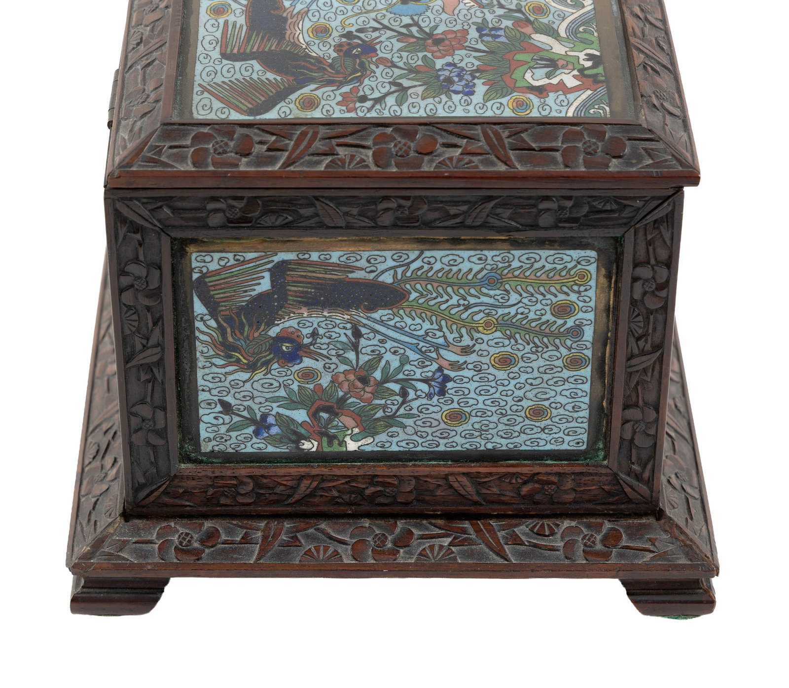 CHINESE CARVED WOOD AND CLOISONNE ENAMEL BOX 19th Century Height 5.5". Width 9.5". Depth 7". - 7