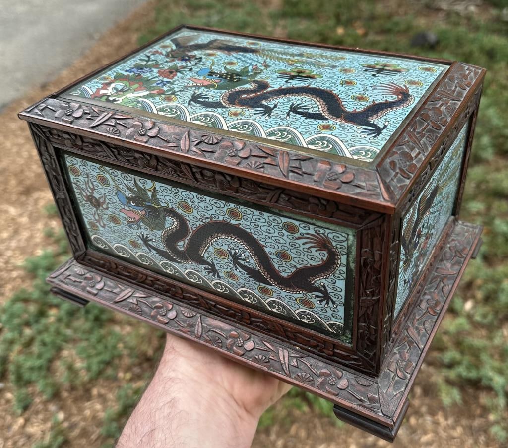 CHINESE CARVED WOOD AND CLOISONNE ENAMEL BOX 19th Century Height 5.5". Width 9.5". Depth 7". - 9